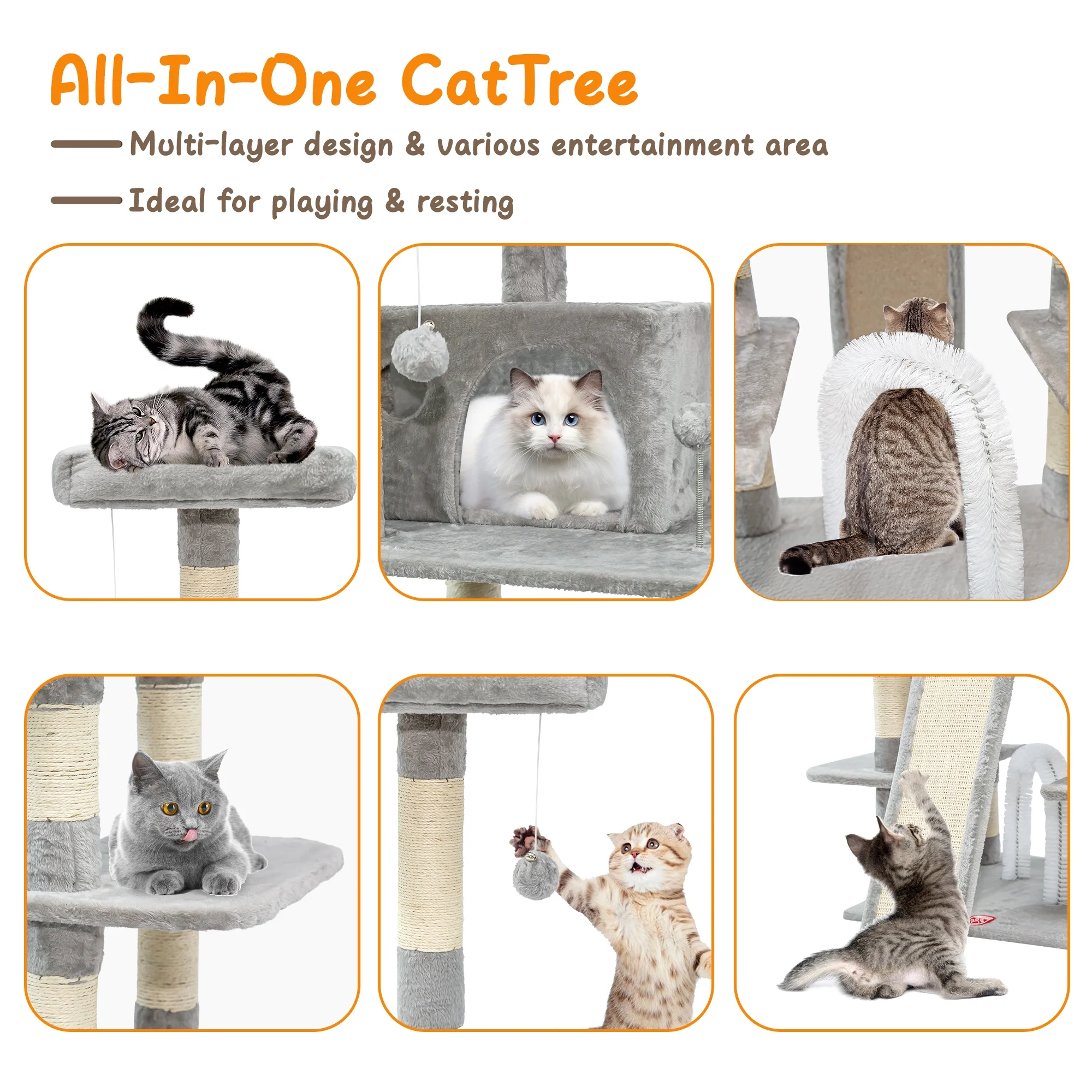 68 Inches Multi-Level Big Cat Tree, Tall Multi-Cats Tower with 2 Big Cat Condo &Cat Hair Brush, Large Cat Tree with 3 Padded Plush Perches & Scratching Posts