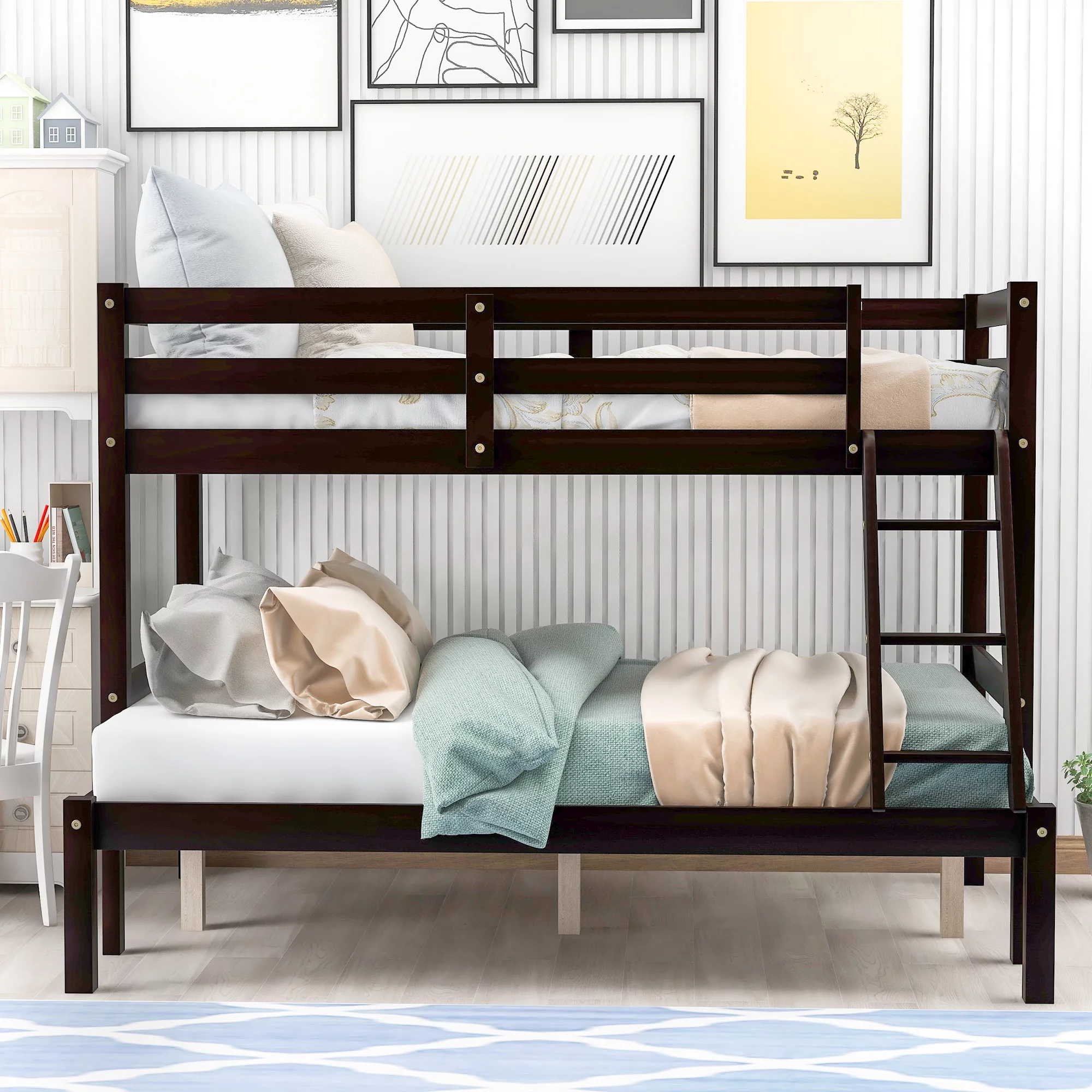 Wood Convertible Bunk Bed Twin Over Full Bunk Bed with Stair