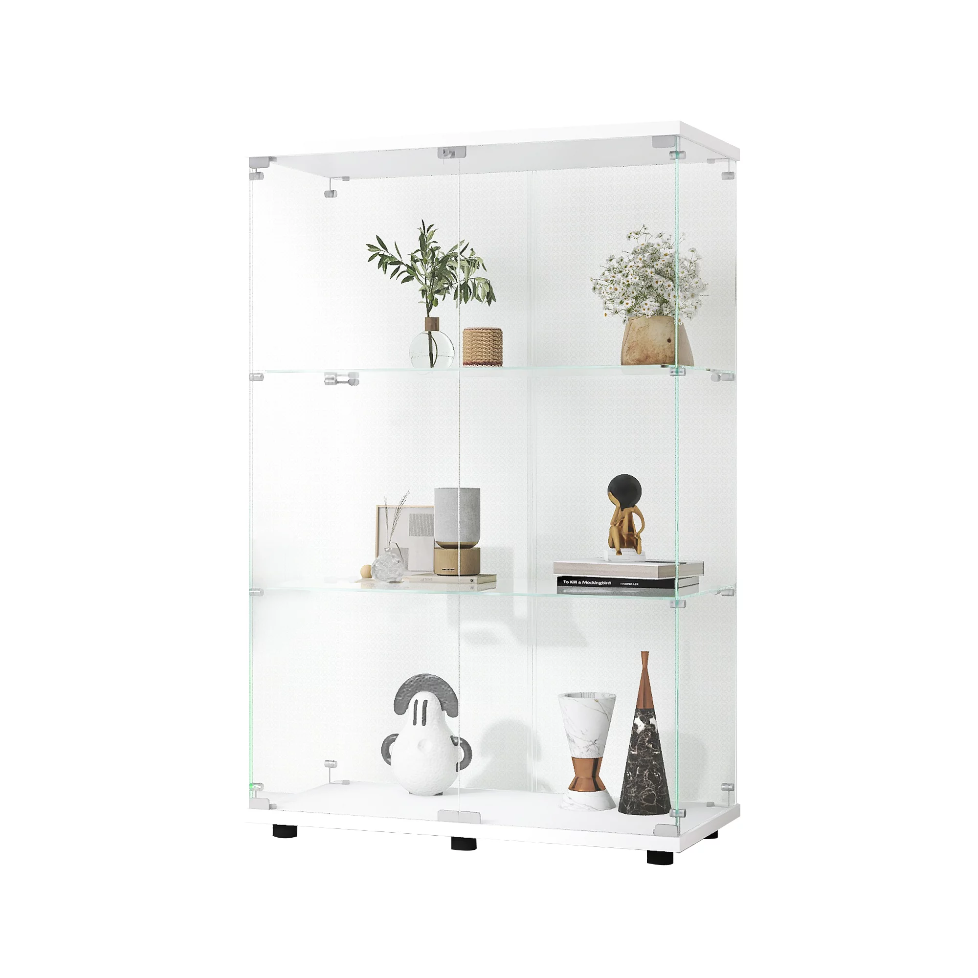 CQSXDA Two-door Glass Display Cabinet 3 Shelves with Door, Floor Standing Curio Bookshelf for Living Room Bedroom Office, 49.3