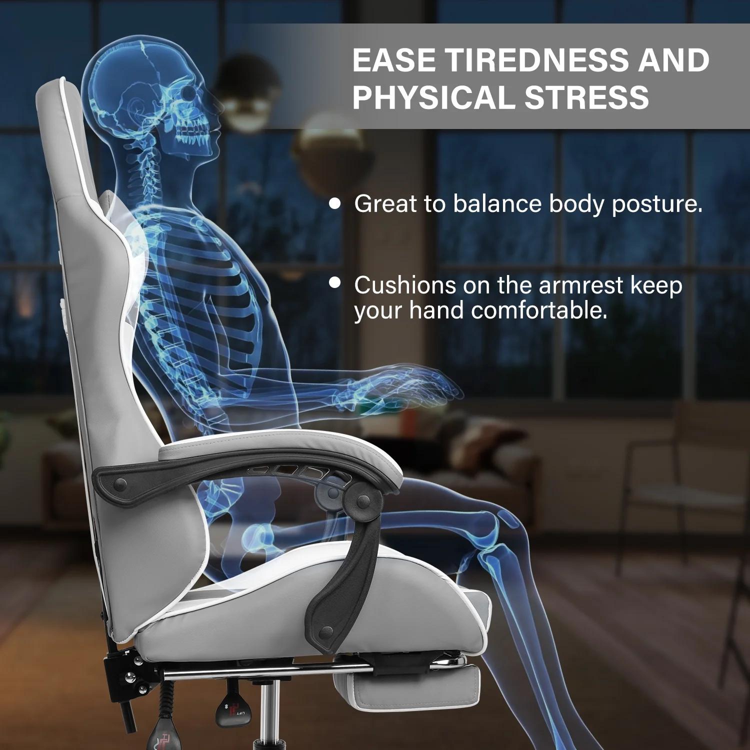 CoSoTower Racing Video Backrest and Seat Height Recliner Gaming Office High Back Computer Ergonomic Adjustable Swivel Chair, with Footrest, Grey/White