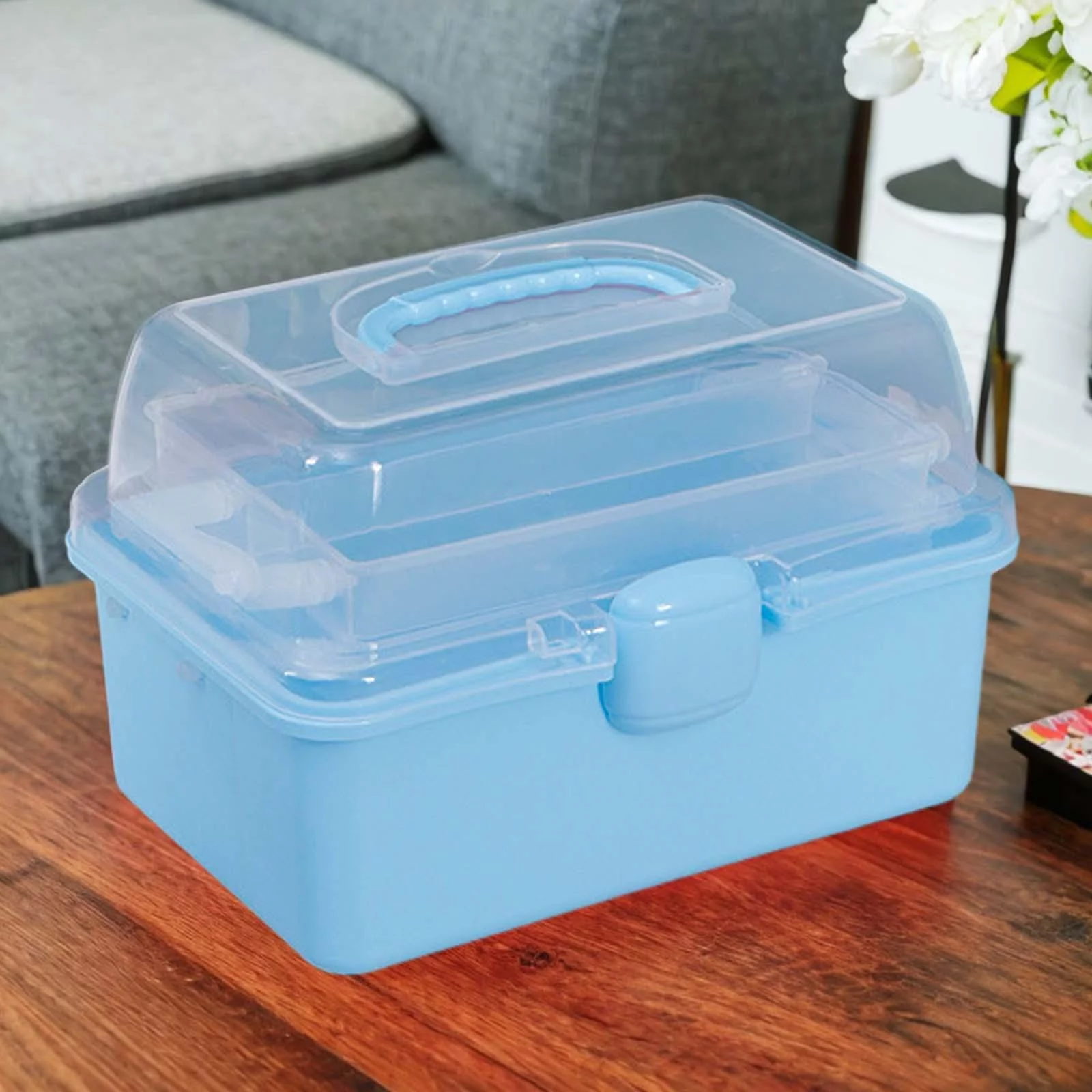 Clear Storage Boxes 3 Layer Compartments Stackable Multifunctional with Lid and Handle Organiser Storage Case for Dorm Office Blue
