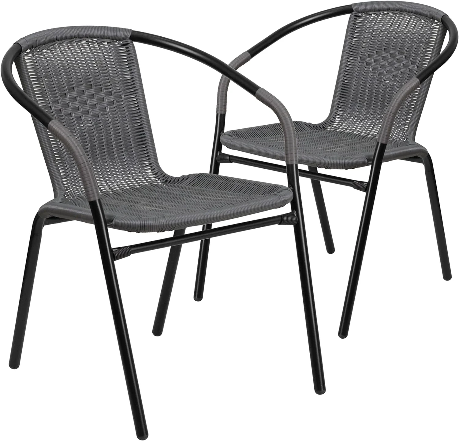 2-Pack Gray Rattan Stackable Chairs: Indoor-Outdoor Restaurant Seating with Curved Back