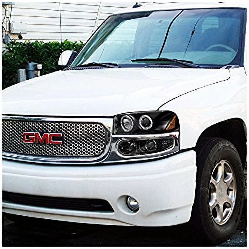 SMD LED Halo Projector Headlight In Black Housing Clear Lens Made For And Compatible With 1999 - 2006 GMC Sierra Denali Yukon XL 99 00 01 02 03 04 05 06