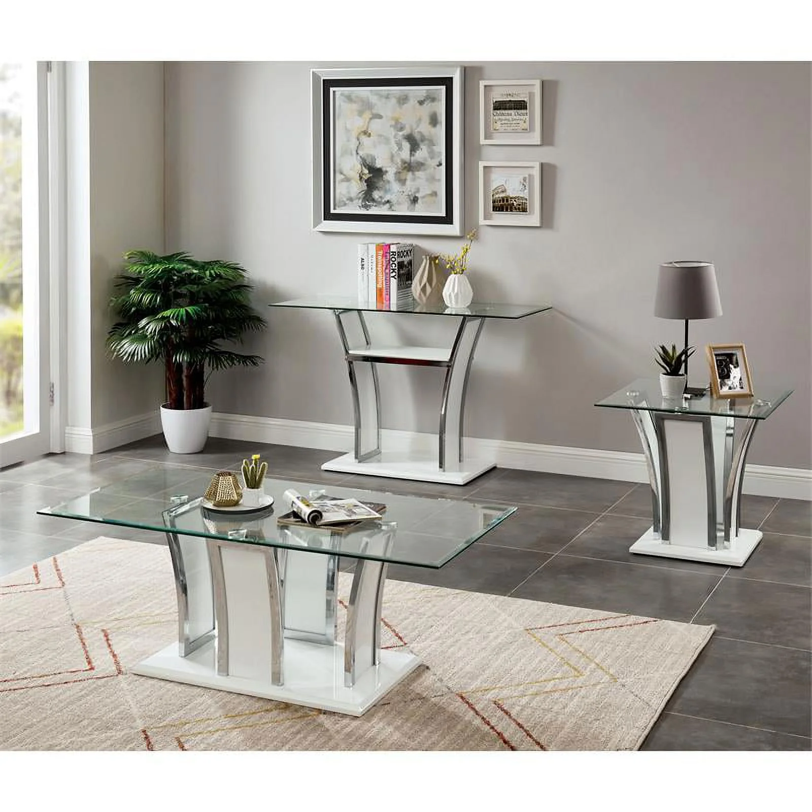 Bowery Hill Contemporary Glass/Steel/Acrylic Plastic End Table in White