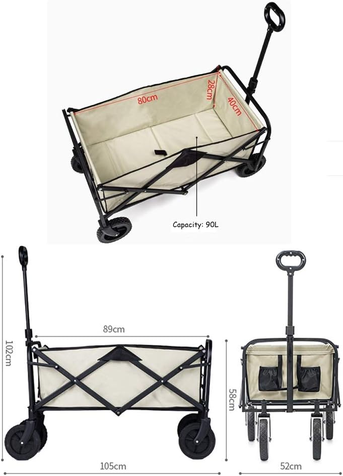 Carts Folding Large Capacity Camping Four-Wheel Handcart Outdoor Portable Picnic Trolley Adjustable Handle Shopping Baskets (Color : Black and Khaki, Size : 105 * 58 * 102cm)