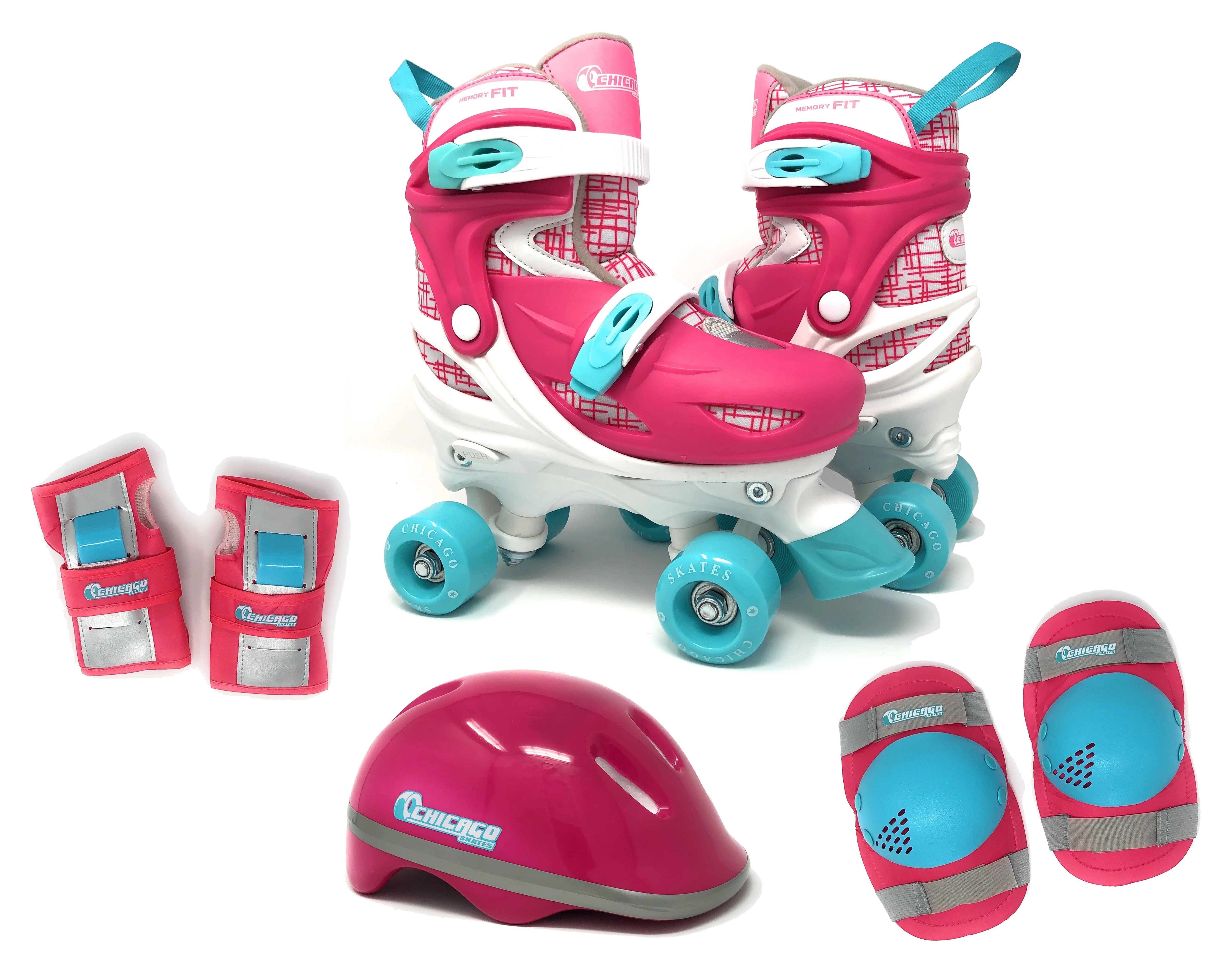 Chicago Skates Adjustable Quad Roller Skate Combo Set Pink/White/Teal – Skates, Helmet, Knee Pads, And Wrist Guards - Size Small(J10-J13)