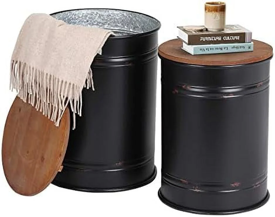 JYHOME Rustic  Ottoman Seat Stool  Farmhouse Accent   Antique Galvanized Metal End Table Box Bin with Square Wooden Lid （Square&Galvanized）