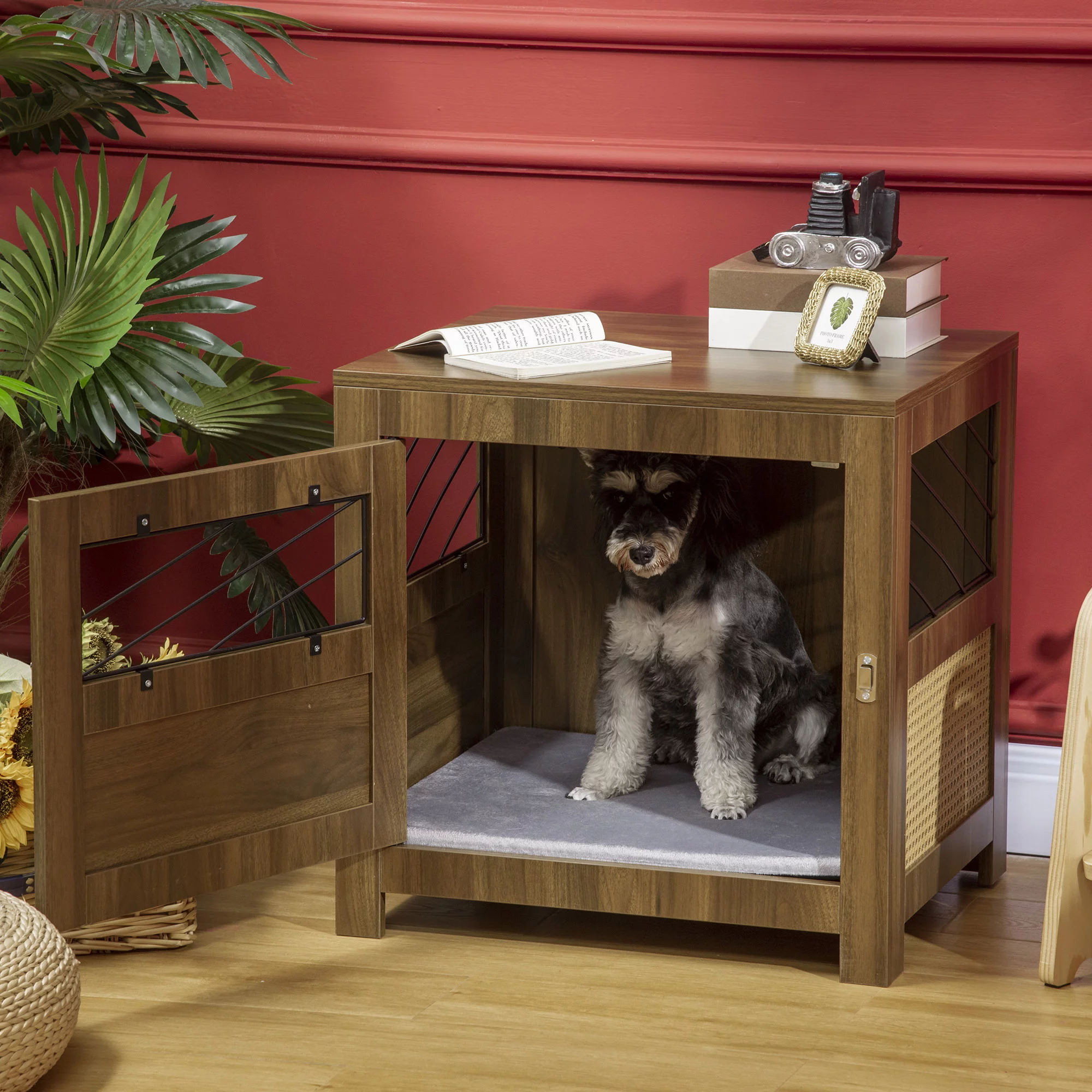 PawHut Dog Crate Furniture with Cushion, Wooden Dog Kennel End Table with Lockable Door, for Miniature Dogs, Indoor, Walnut