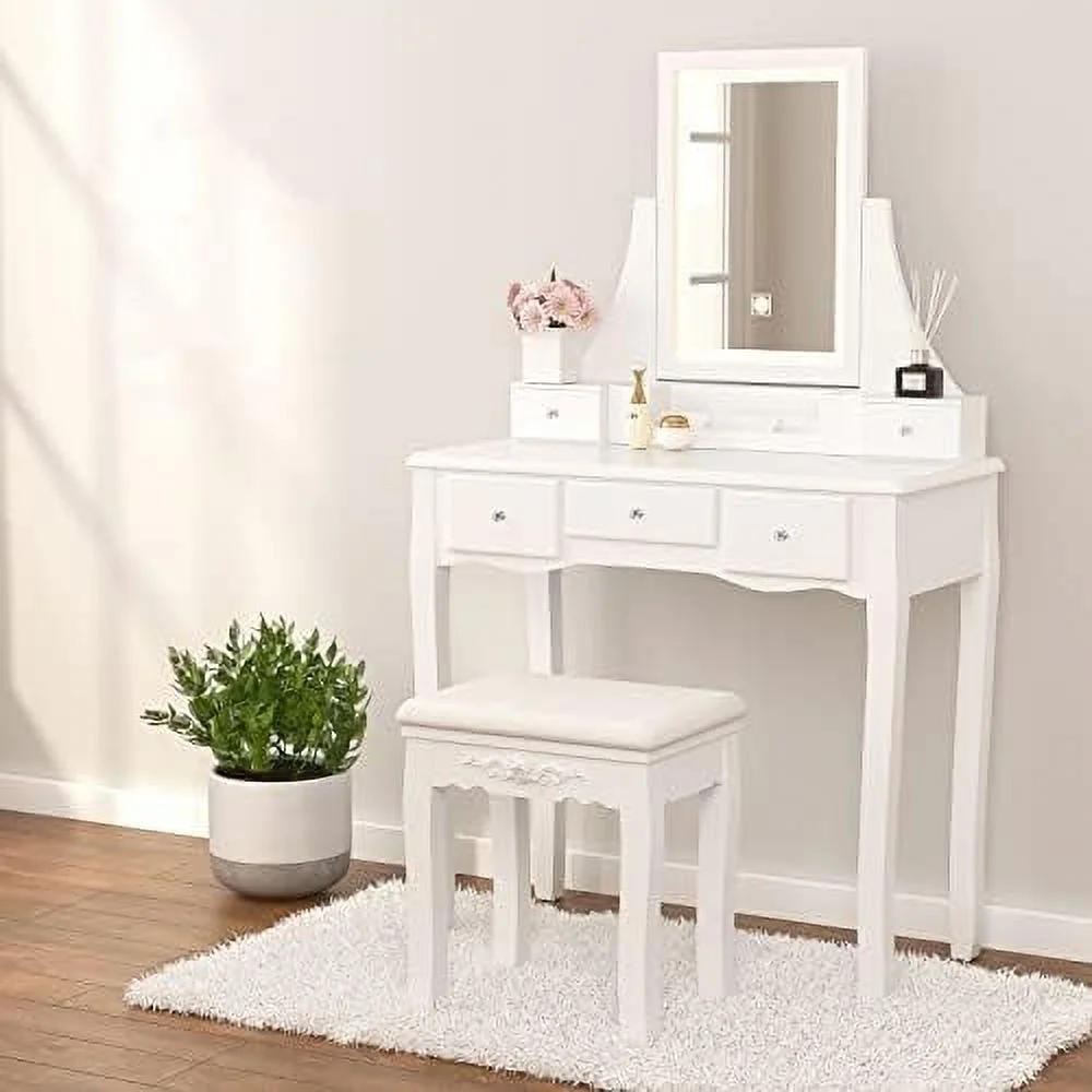 JYHOME Vanity Set with Lighted Mirror  Vanity w/10 LED Dimmable Bulbs Dressing Table with Cushioned Stool&5 Drawers 3 Removable Dividers for Bedroom Vanity Desk White
