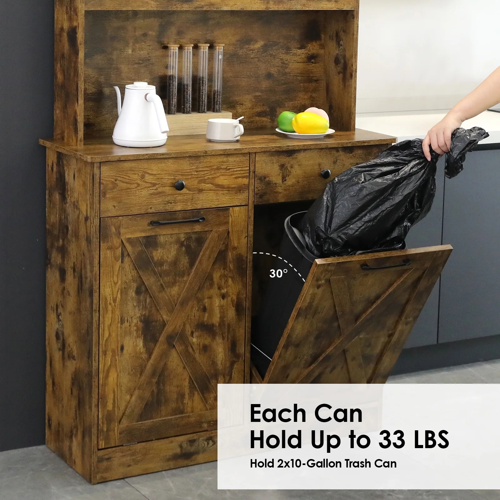 LAZY BUDDY Dual Tilt Out Trash Cabinet, 20 Gallon Kitchen Hidden Garbage Can Cabinet Tall Freestanding Kitchen Pantry Cabinet, Brown