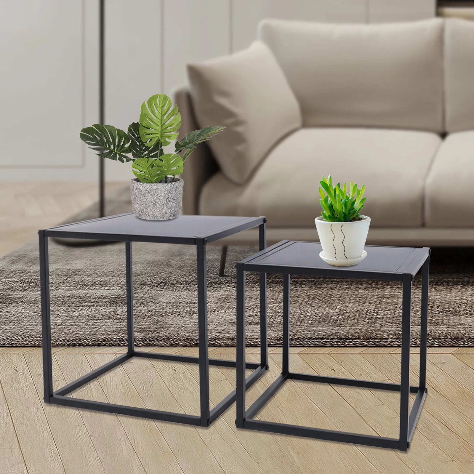 2pc Modern Square Metal Coffee Table Side/End Table Tray Matt Black Office Home