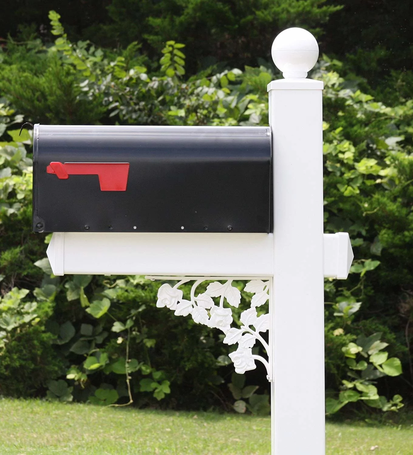 The Roosevelt Mailbox System with White Vinyl Post Combo, Stand, and Black Mailbox Included