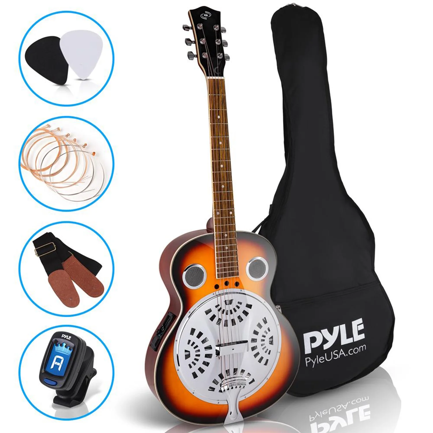 Pyle Full Size Resophonic 6 String Resonator Acoustic Guitar Kit, Sunburst Mahogany
