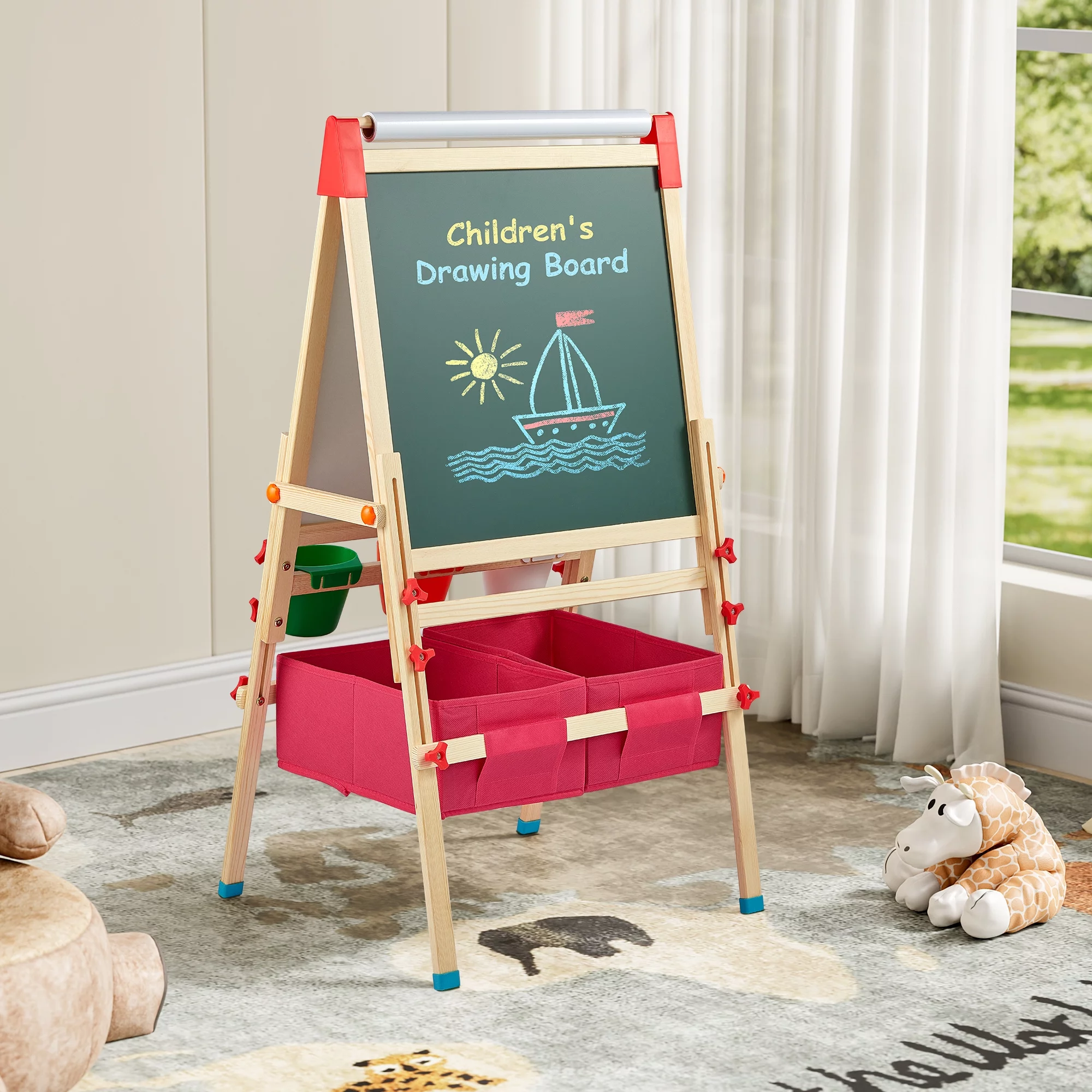 DUKE BABY Kids Art Easel with Dry-Erase Board, Chalkboard, Paint Paper Roll, Art Supply Storage – Red Color