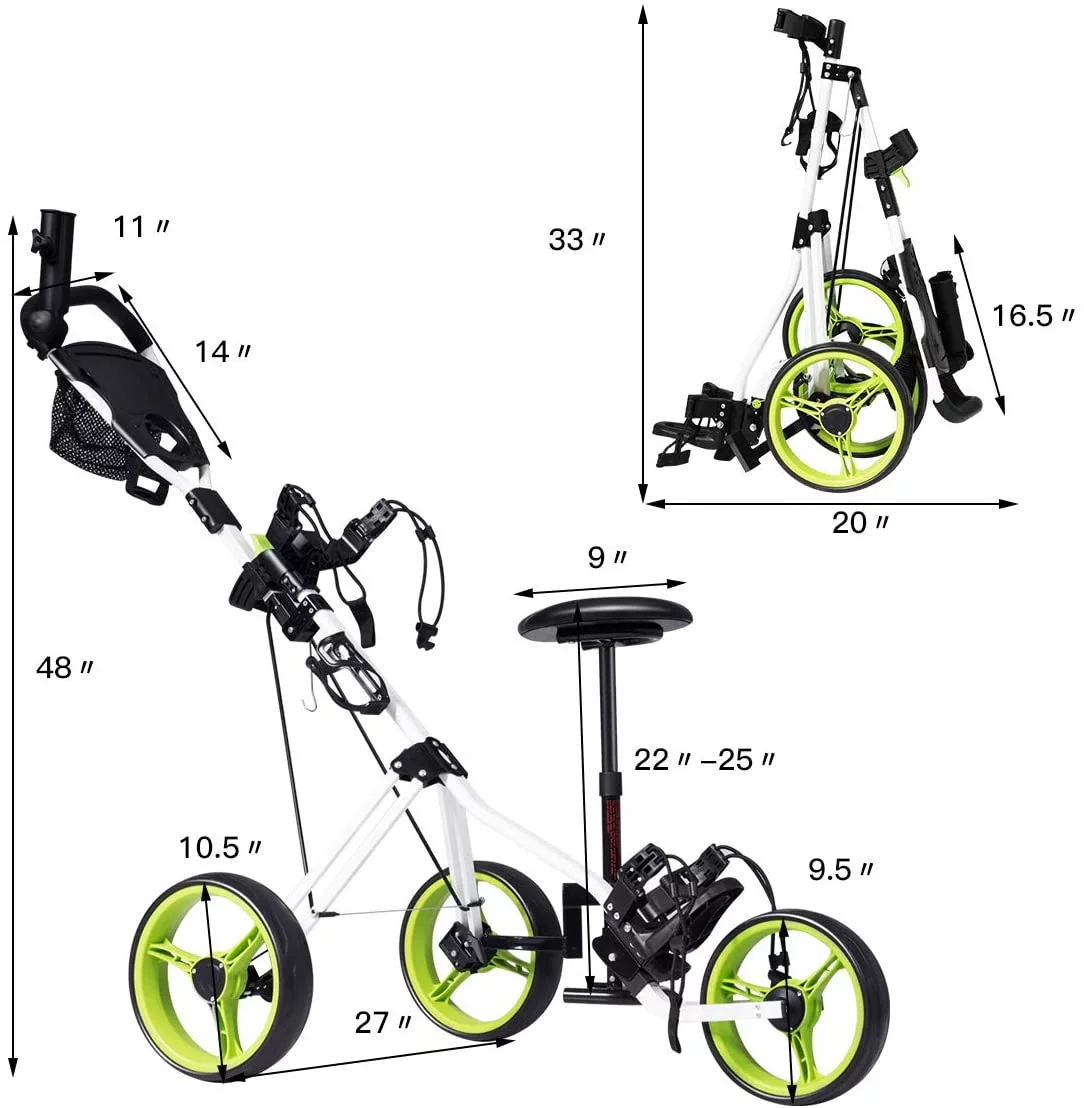 Golf Push Pull Cart with Seat, Lightweight Foldable Collapsible 3 Wheels Golf Push Cart, Golf Trolley with Foot Brake, Adjustable Umbrella Holder & Seat, 4 Height Position Handle