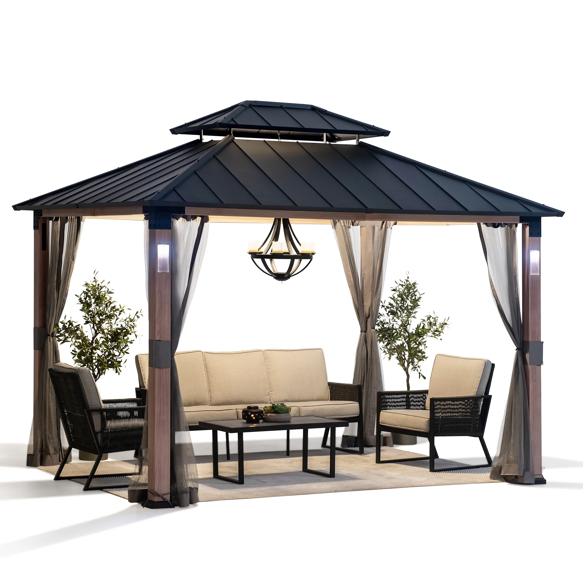 Sunjoy 10 ft. x 12 ft. Hardtop Gazebo with Netting & LED Lights (Batteries operated) and Remote control