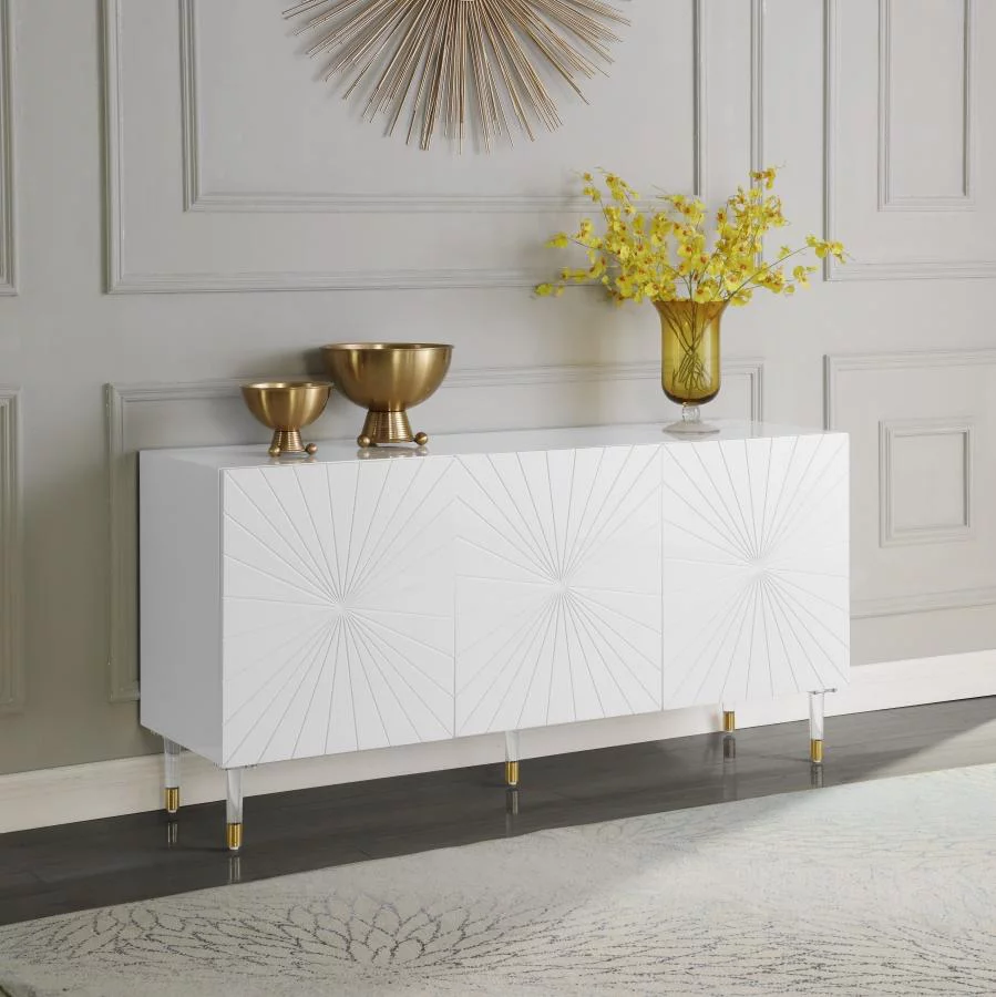 White Lacquer Sideboard/Buffet w/Acrylic Legs Meridian Furniture Starburst