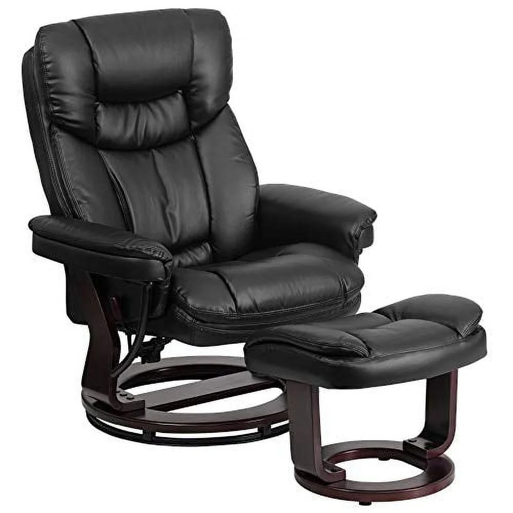 Flash Furniture BT-7821-BK-GG Contemporary Multi-Position Recliner and Curved Ottoman with Swivel Mahogany Wood Base in Black LeatherSoft