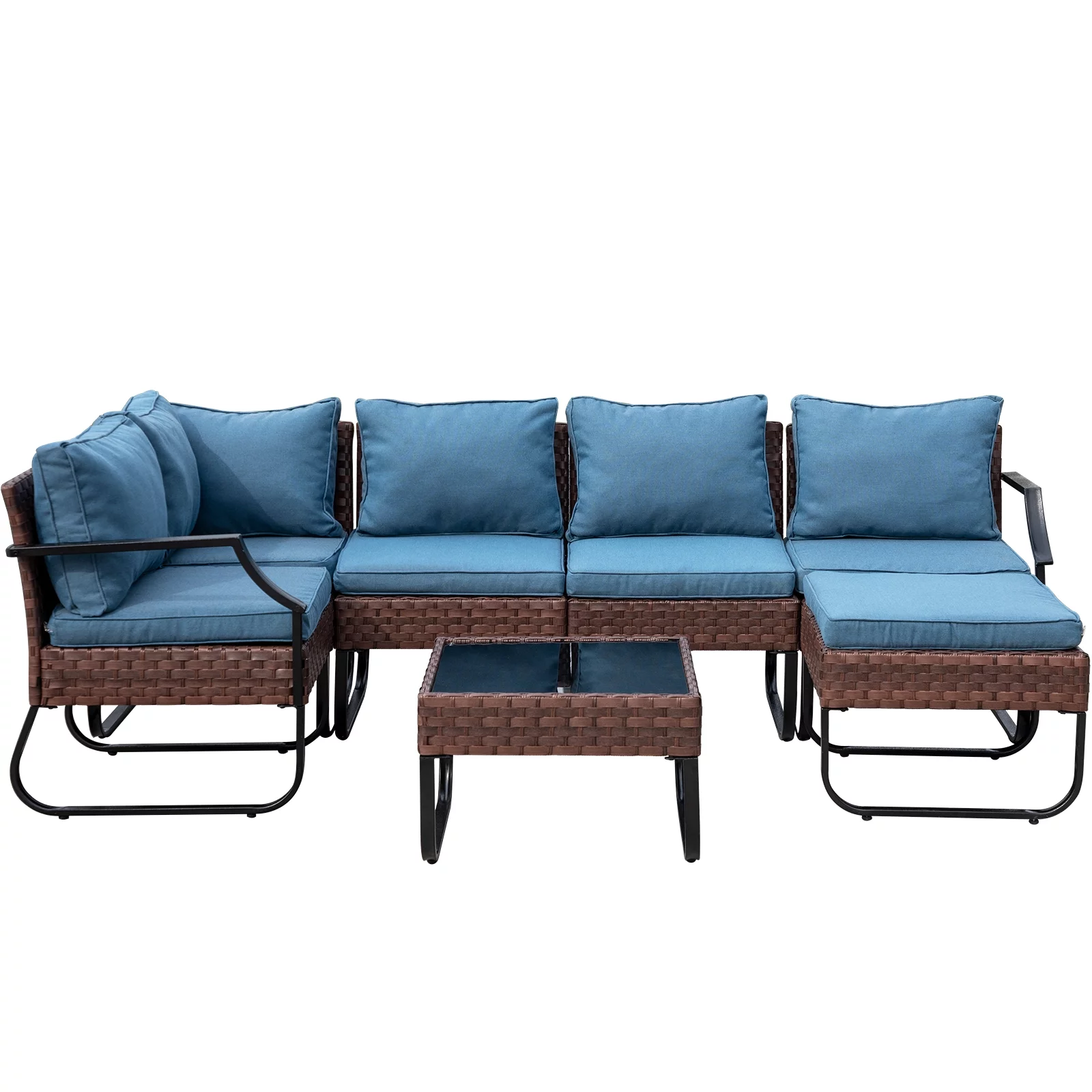 Eclife 7 Pieces Rattan Wicker Patio Conversation Sets Outdoor Metal Patio Furniture All-Weather Sectional Sofa with Ottoman Tempered Glass Coffee Table, Thick Cushions, Blue