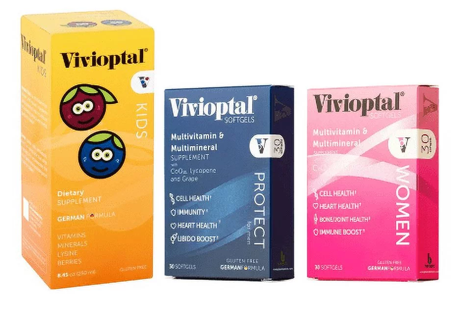Vivioptal Daily Multivitamins with CoQ10 and Omega-3 Women & Protect 30 Capsules + Kids Syrup 10mL 6 to 12 Years Family Bundle