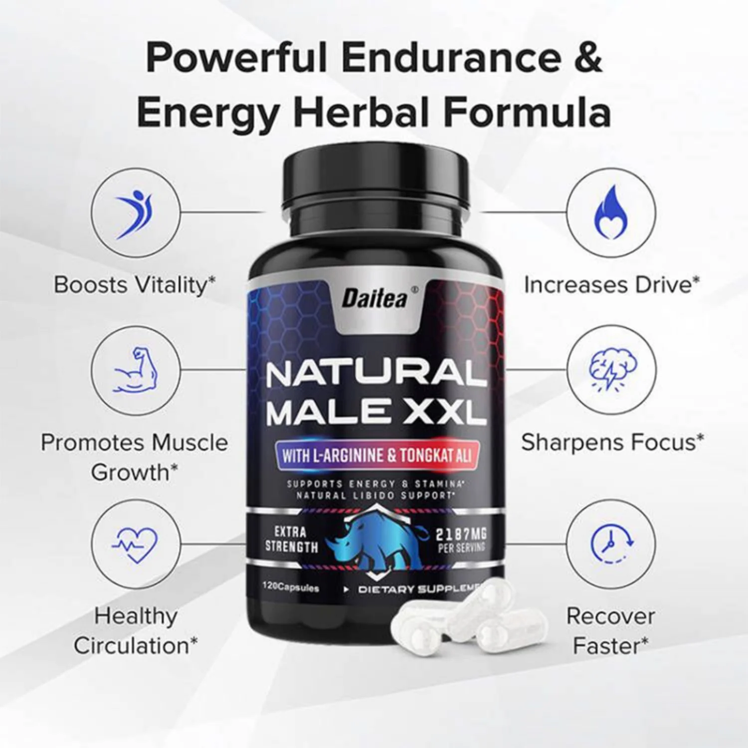 Daitea Natural Male Booster - Contains L-Arginine to Boost Energy, Endurance and Strength - 30/60/120 Capsules