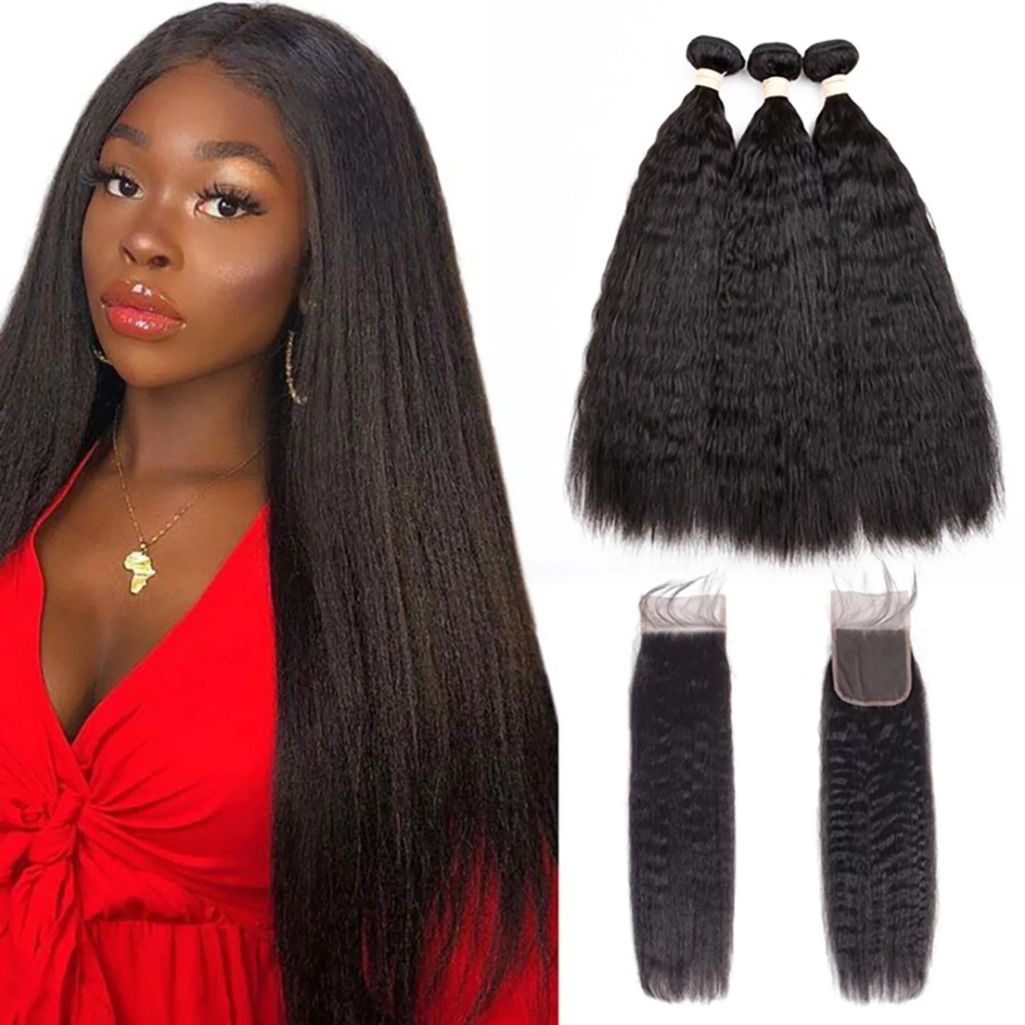 Beauhair 10A Brazillian Kinky Straight Human Hair 3 Bundles With Closure 4×4 Human Hair Extensions with Closure Natural Color 24