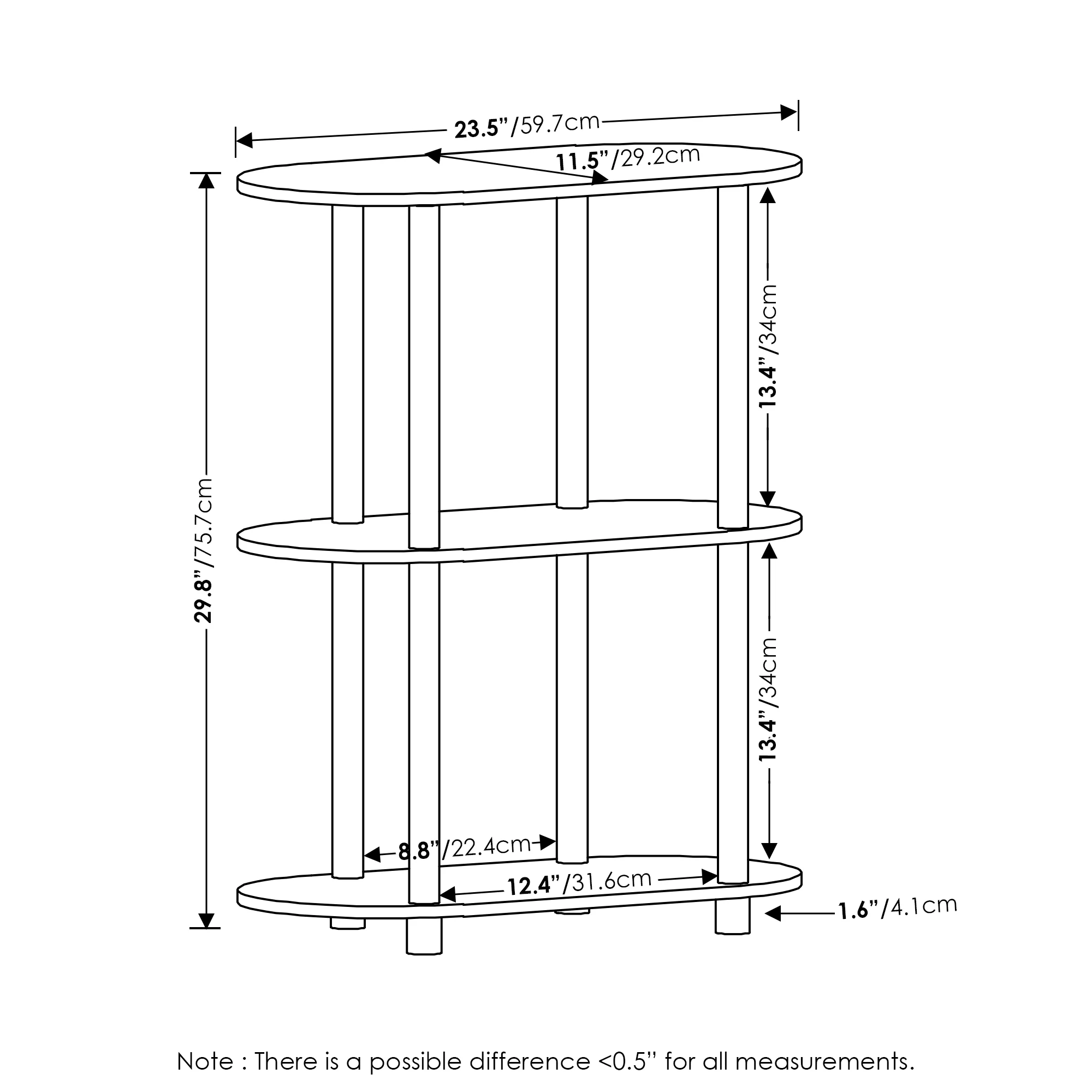 Furinno Turn-N-Tube No Tools 3-Tier Modern Oval Side Display Rack, Bauhaus Oak/Beige