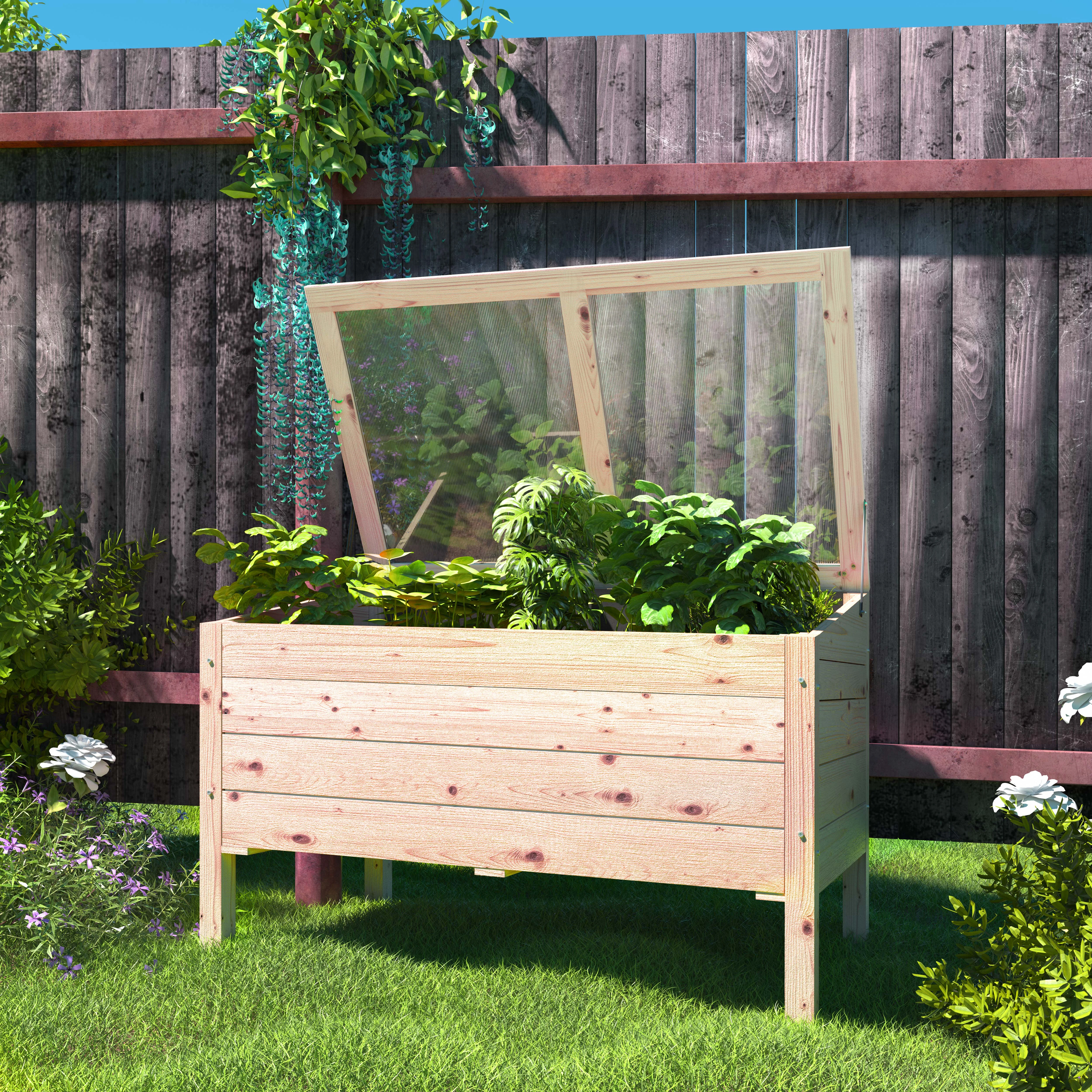 VEIKOUS Cedar Wood Raised Garden Bed, 48''W x 28''D x 33''H Elevated Garden Bed with Adjustable Lid for Vegetables, Flowers