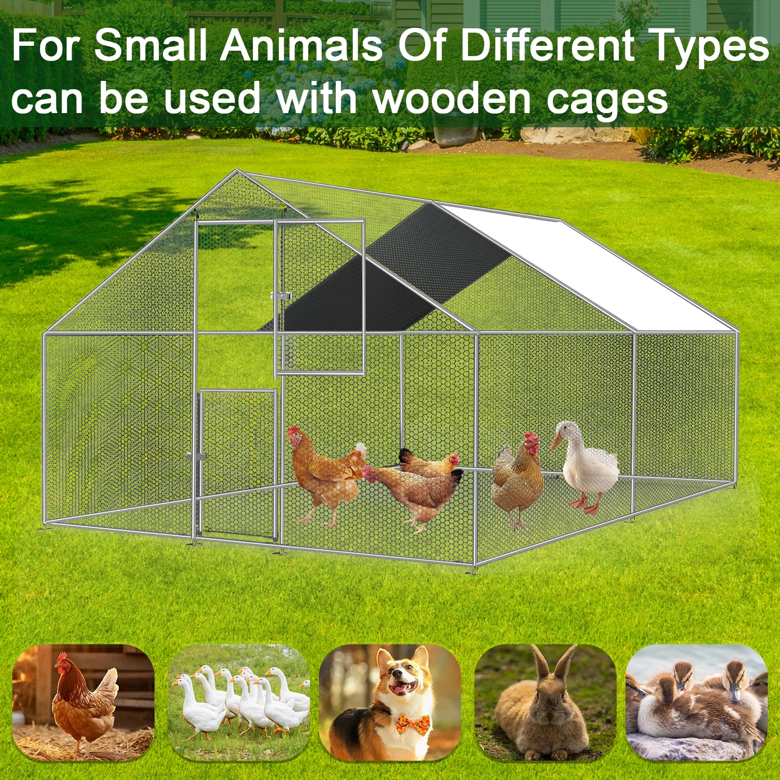 JBLCC Large Metal Chicken Coop with Run, Walkin Poultry Cage for Yard with Waterproof Cover, 13.1 x 9.8 x 6.6 ft Peaked Roof for Hen House, Duck and Rabbit, Silver