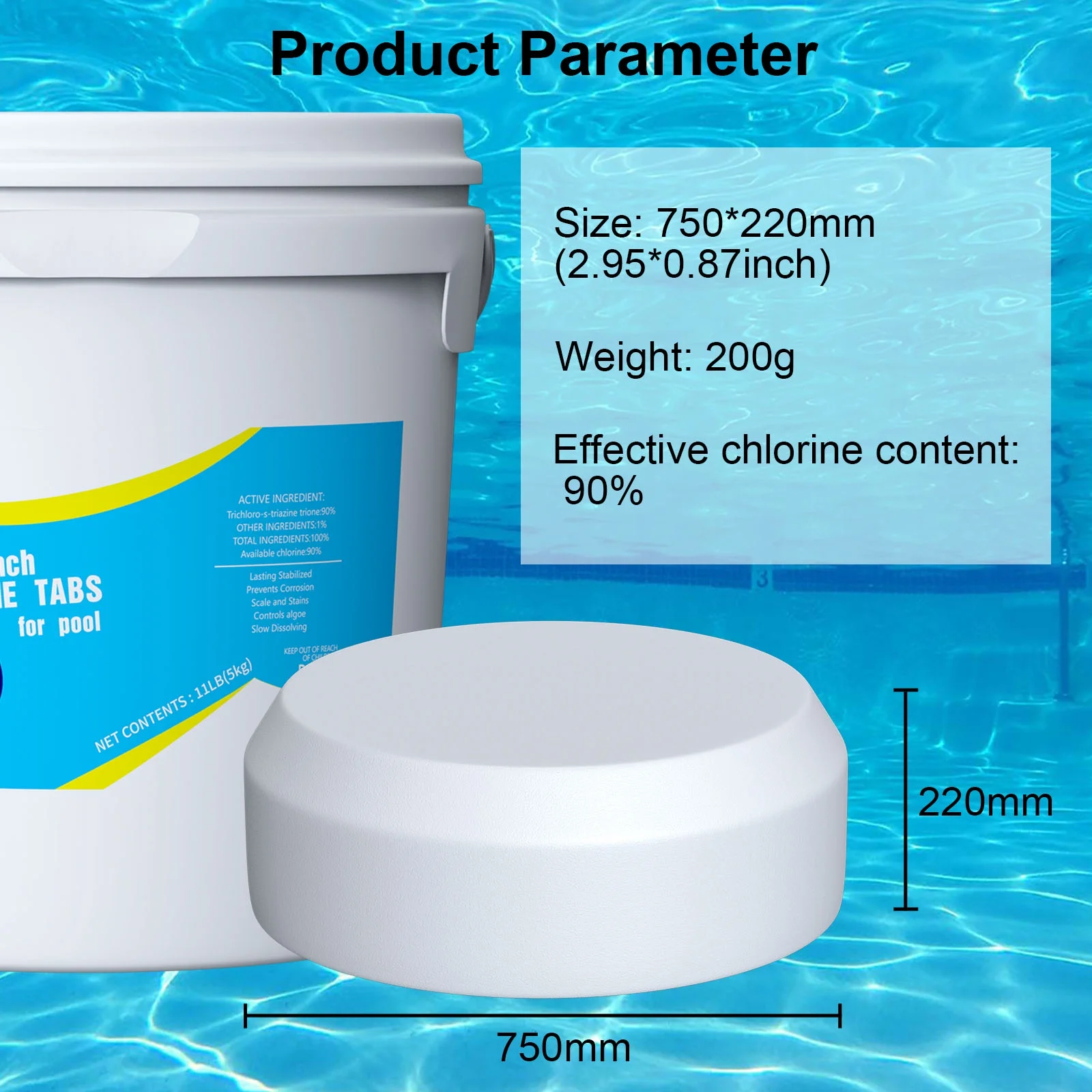 3 Inch Stabilized Chlorine Tablets for Swimming Pools - Individually Wrapped, Slow Dissolving - 90% Available Chlorine（11 Pounds）