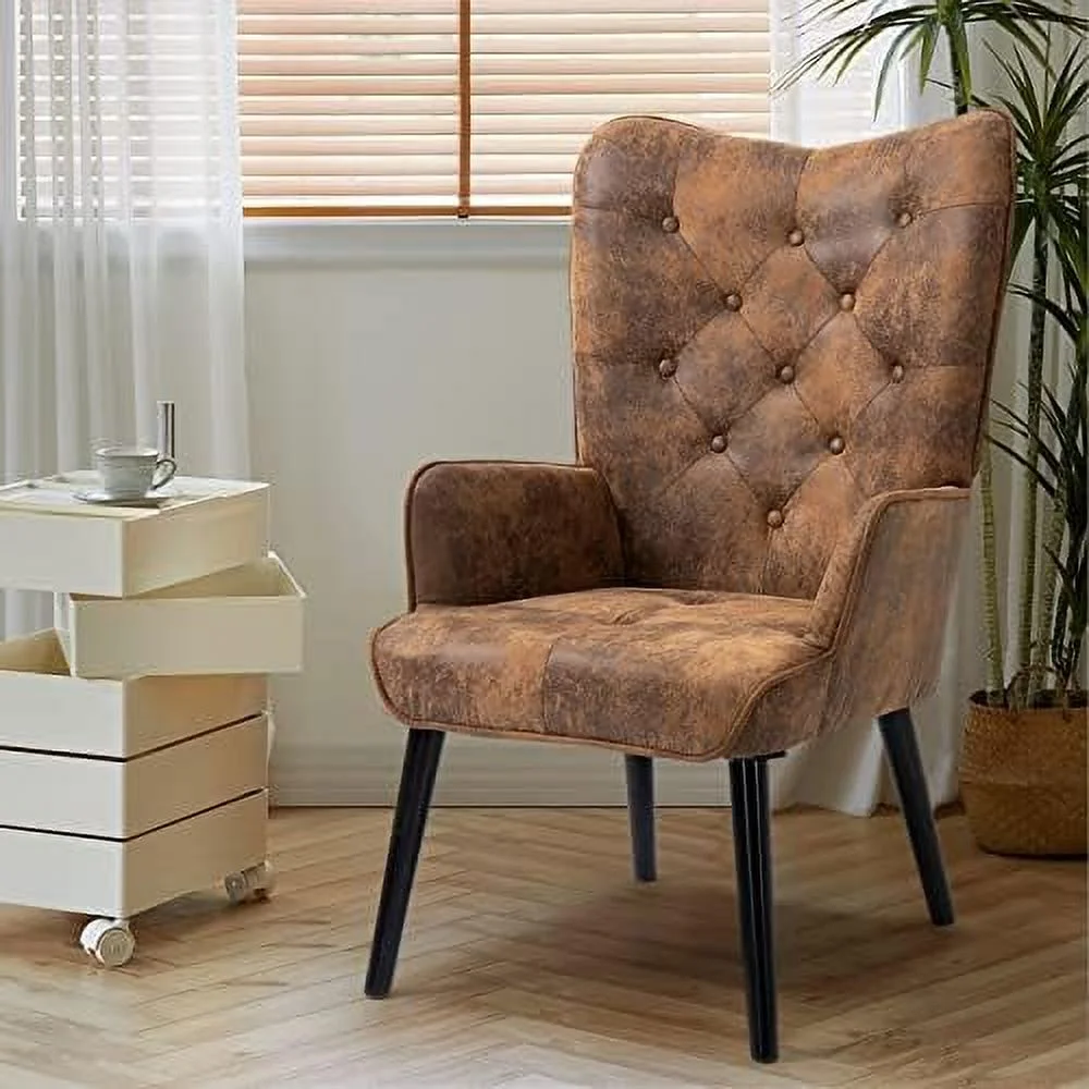 xrboomlife Accent Chair  Rustic Accent Chair with Arms  Tufted Button Wingback Vanity Chair with Rubberwood Legs  Mid Century Modern Accent Chair for Living Room  Bedroom  Waiting Room  G