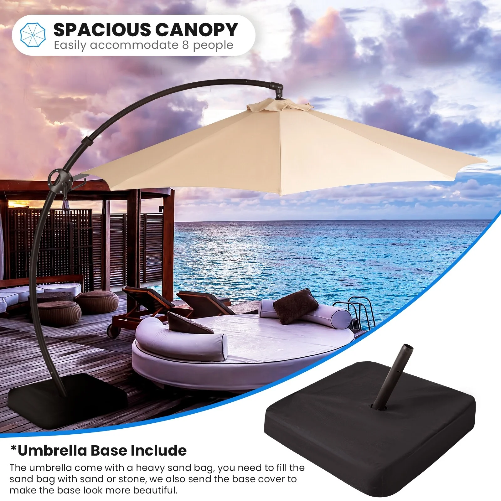 MEJO INC 10 ft.Aluminum Curvy Cantilever Offset Hanging Patio Umbrella With Sandbag Base Taupe