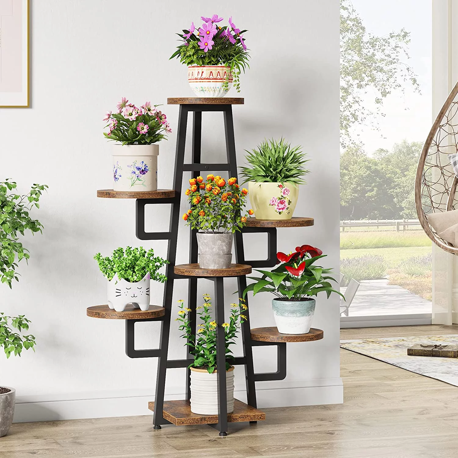 7 Tier Plant Stand Indoor for Multiple Plants, Wooden Corner Plant Pots Holder Rack Flower Stand Tall Shelf Planter Organizer for Living Room Balcony Garden, Rustic Brown