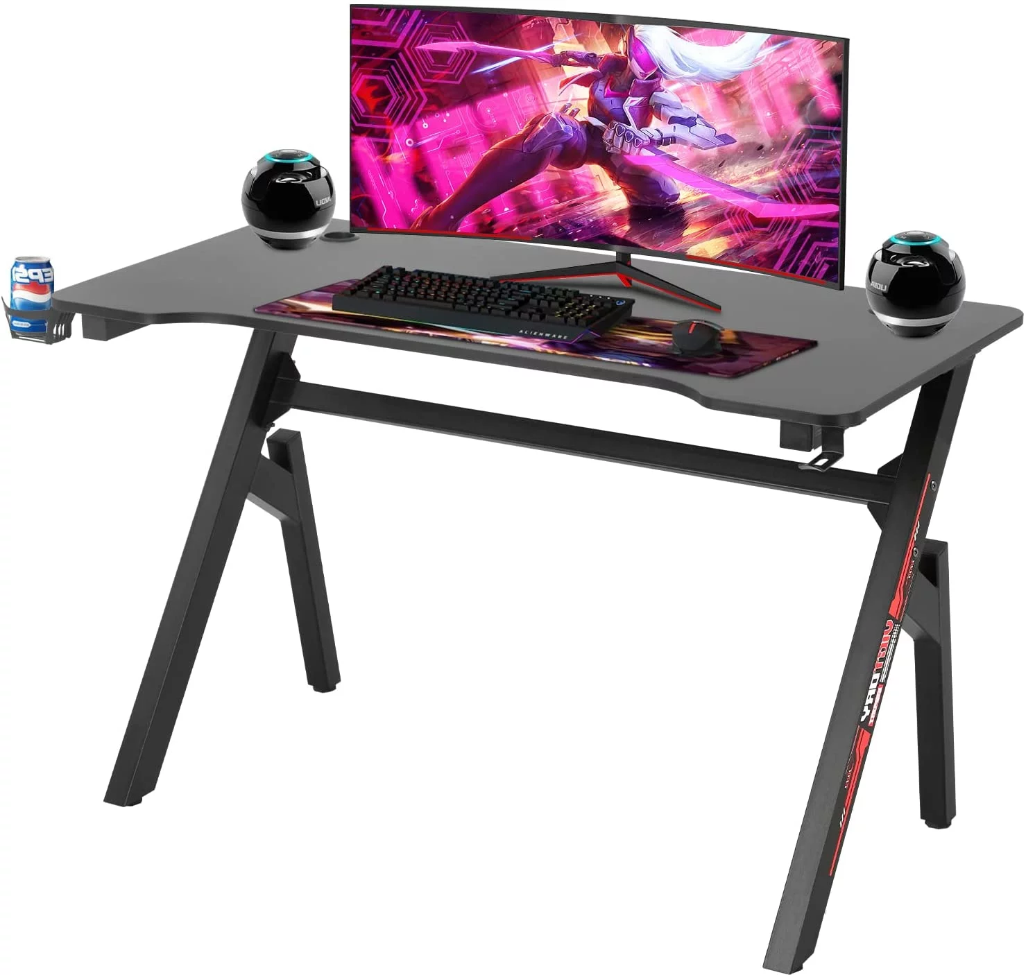 Gaming Computer Desk Home Office Desk Extra Large Modern Ergonomic Black PC Carbon Fiber Writing Desk Table with Cup Holder Headphone Hook