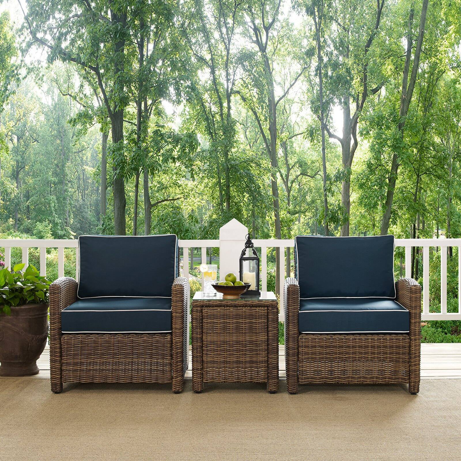 Crosley Furniture Bradenton 3 Piece Metal Patio Conversation Set in Brown/Navy