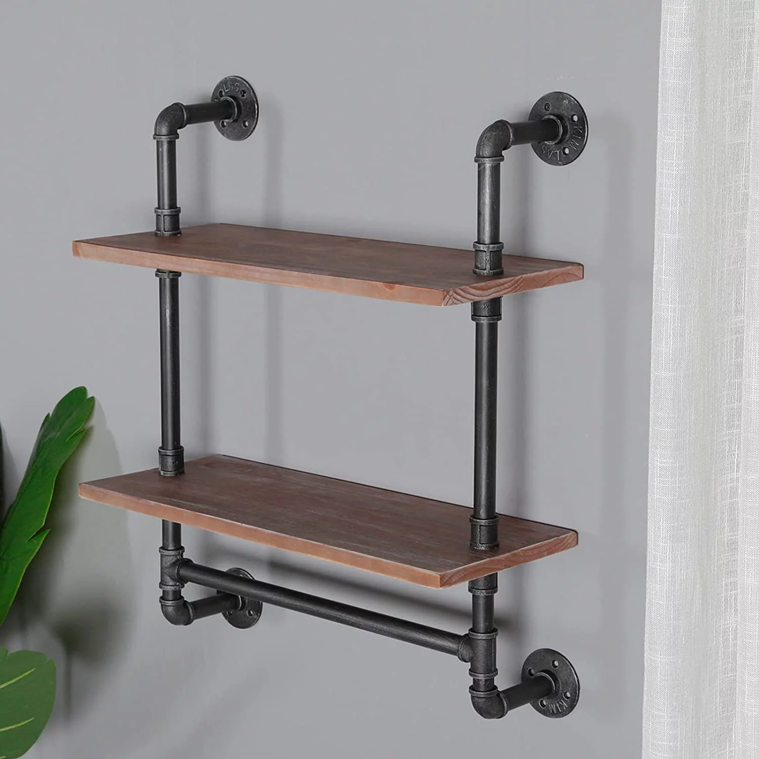 HAOFEI Industrial Pipe Shelving Bathroom Floating Shelves Wall Mounted, 2 Tier 24 inch Rustic Wood Shelf with Towel Bar, Farmhouse Towel Rack Bathroom Shelf Over Toilet