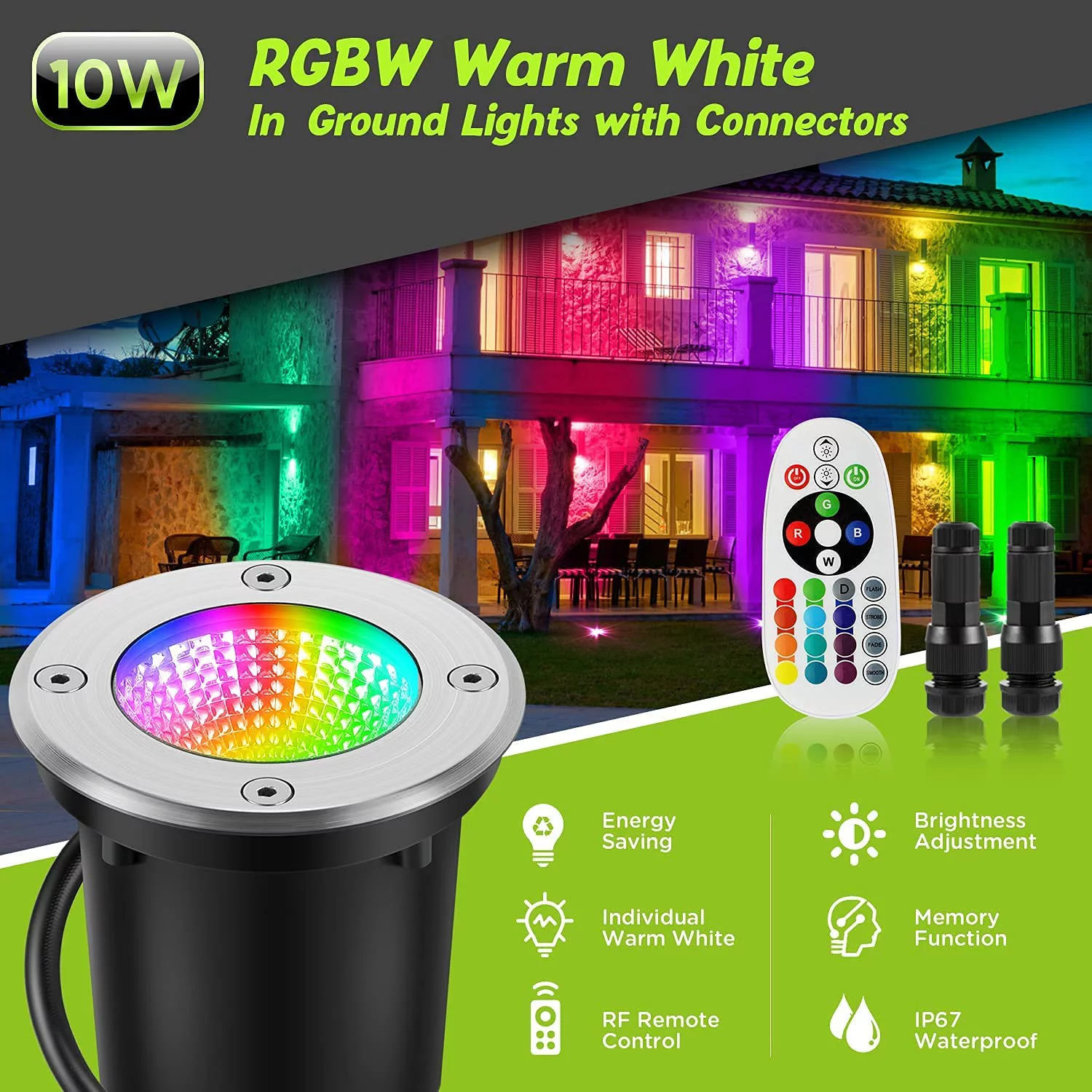 LIANMEI RGBW Low Voltage Landscape Lights with Wire Connectors 10W Color LED Well Lighting IP67 Waterproof Outdoor In-Ground Lights 12V-24V Pathway Garden Deck Driveway Lights(12Pack with Connectors)