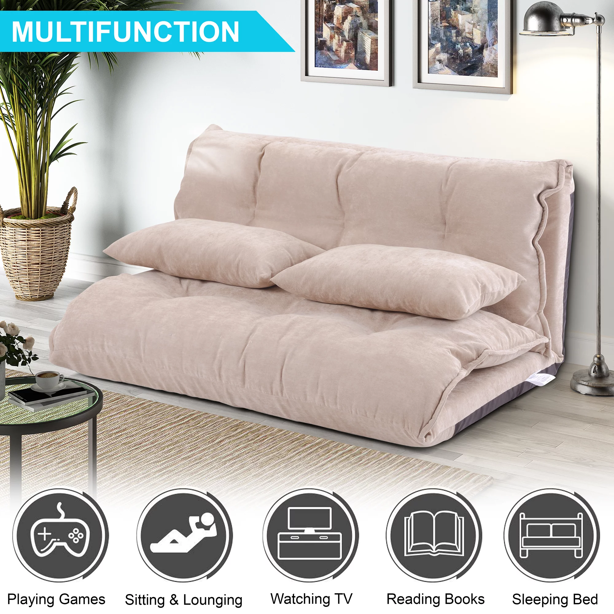 CoSoTower Lazy Sofa Adjustable Folding Futon Sofa Video Gaming Sofa With Two Pillows