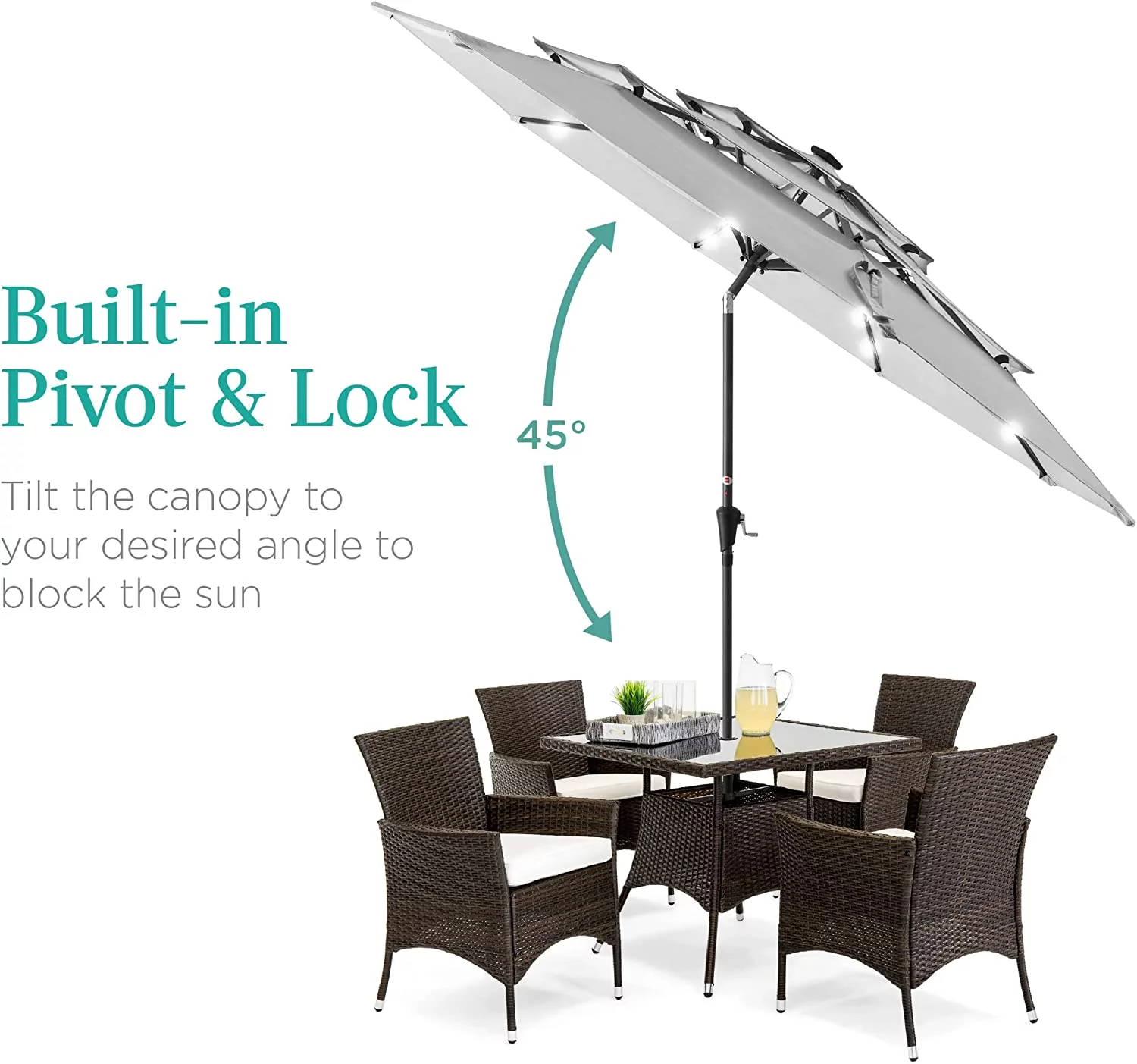 10ft 3-Tier Solar Patio Umbrella - LED Lights, Tilt Adjustment, 8 Ribs, Fog Gray