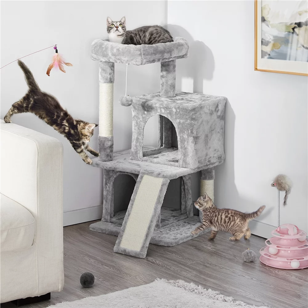 Easyfashion Multilevel Plush Cat Tree with Double Condos and Furry Ball,Light Gray