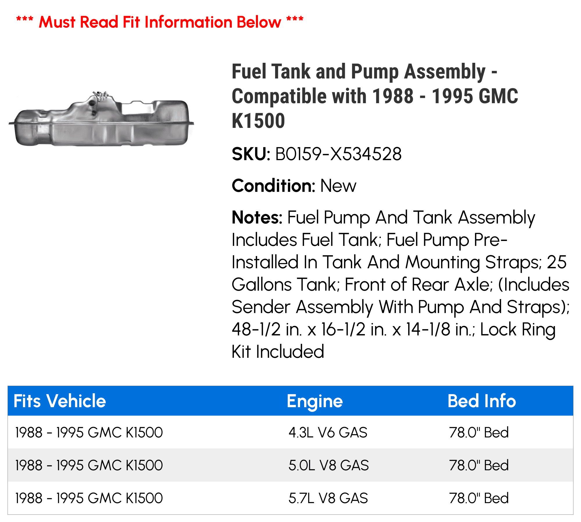 Fuel Tank and Pump Assembly - Compatible with 1988 - 1995 GMC K1500 1989 1990 1991 1992 1993 1994
