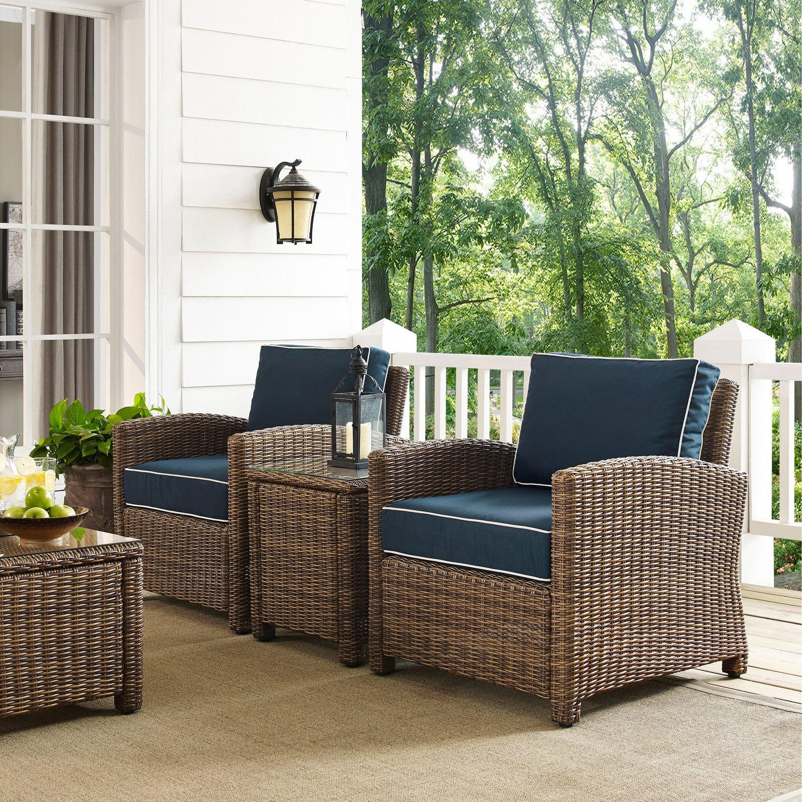 Crosley Furniture Bradenton 3 Piece Metal Patio Conversation Set in Brown/Navy