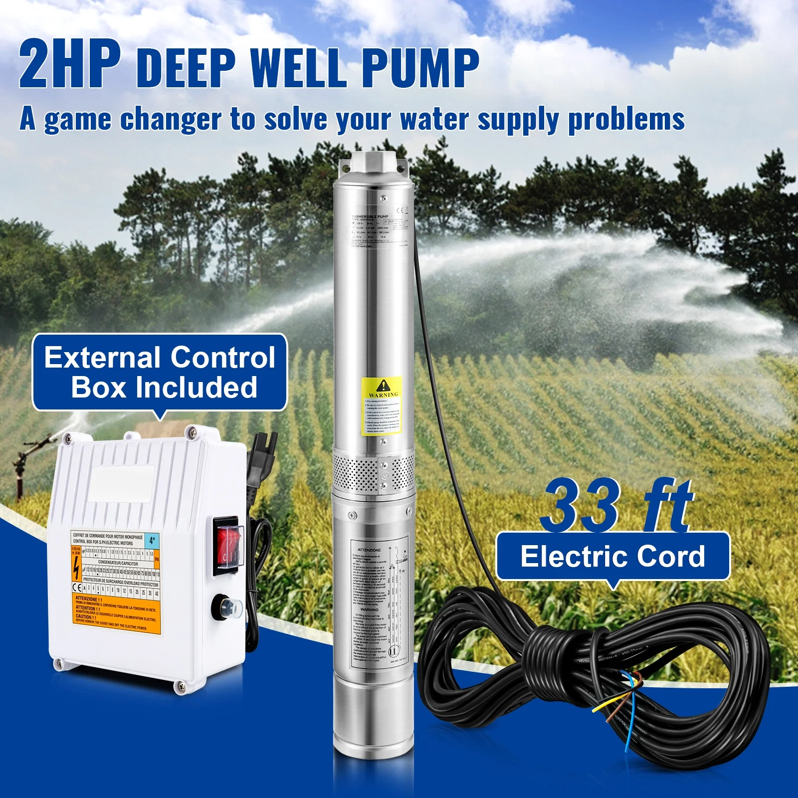 SKYSHALO Deep Well Submersible Pump, 4 inch Stainless Steel Water Pumps, 2HP 230V/60Hz, 37GPM 427 ft Head, with 33 ft Cord & External Control Box,
