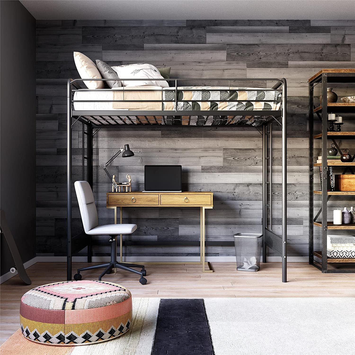 Colten Kid's Metal Loft Bed, Underbed Desk And Gaming Area, Two-Sided Ladder, Twin, Black