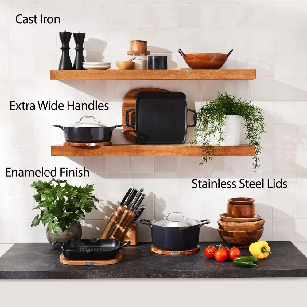 YILAN Cast Iron Enameled Square Grill with Acacia Trivet 11 Inch Induction Oven Broiler Safe 650F Pots and Pans, Cookware Black