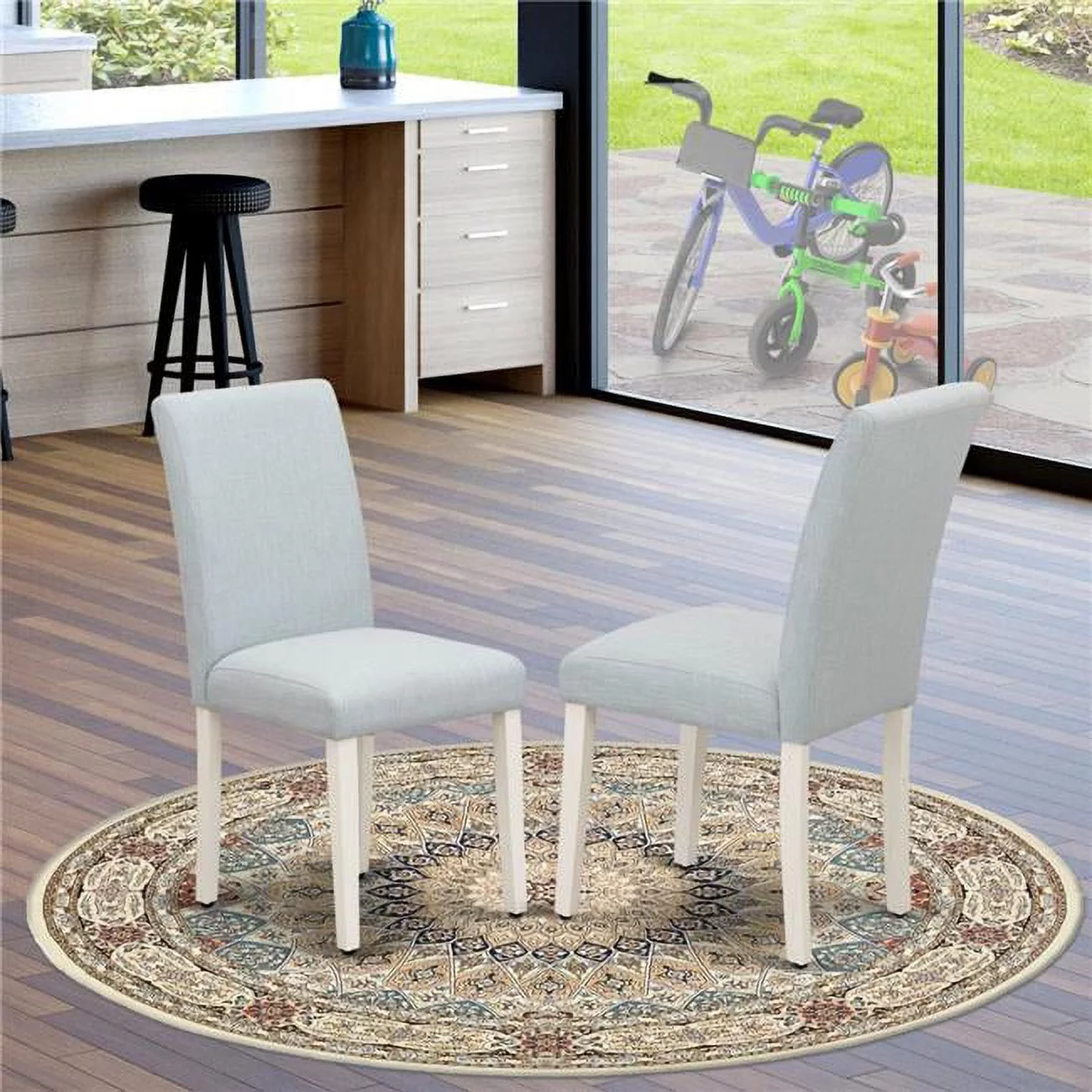 Abbott Wirebrushed Linen White Wood Structure Wood Chair with Baby Blue Linen Fabric Seat & Simple Back - Set of 2