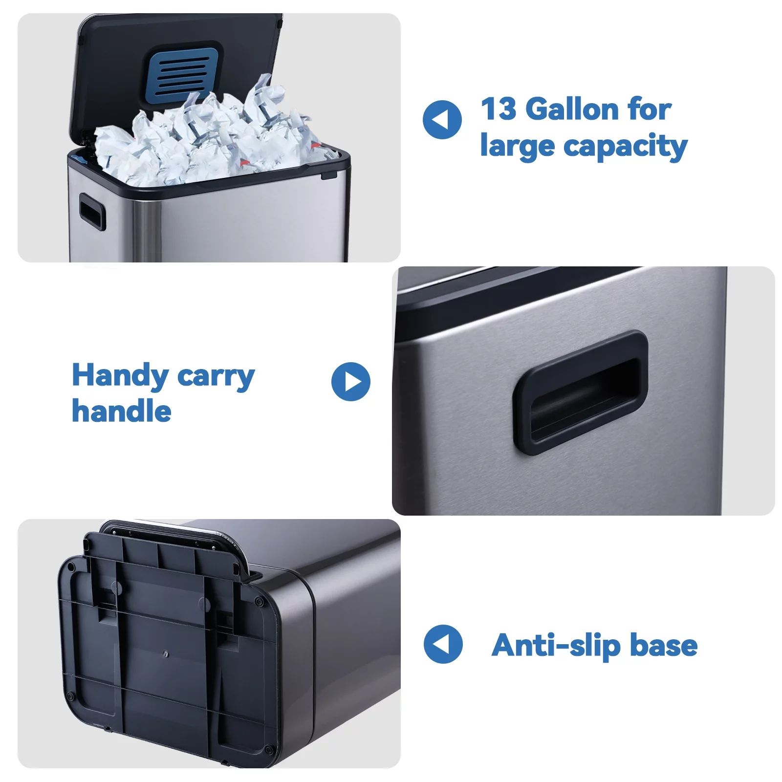 Kitchen Trash Can - ELPHECO - 13.2 Gallon Stainless Steel Garbage Bin with Soft Slow Lid, 50 Liter Pedal Trash Can, Durable Pedal, Removable Plastic Inner Bucket Waste Bin for Office, Kitchen, Outside