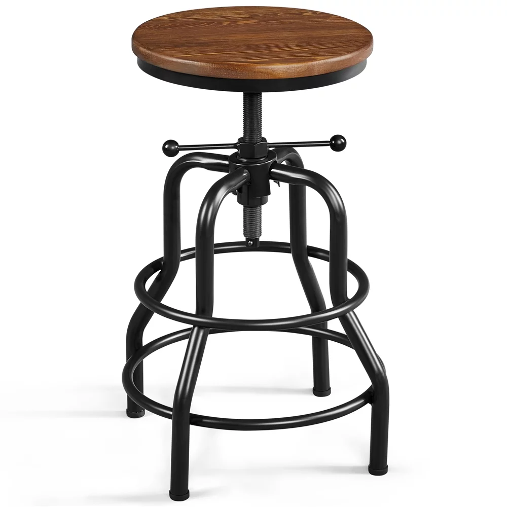 Topeakmart 2pcs Vintage Industrial Swivel Bar Stool with Round Wood Seat, Brown