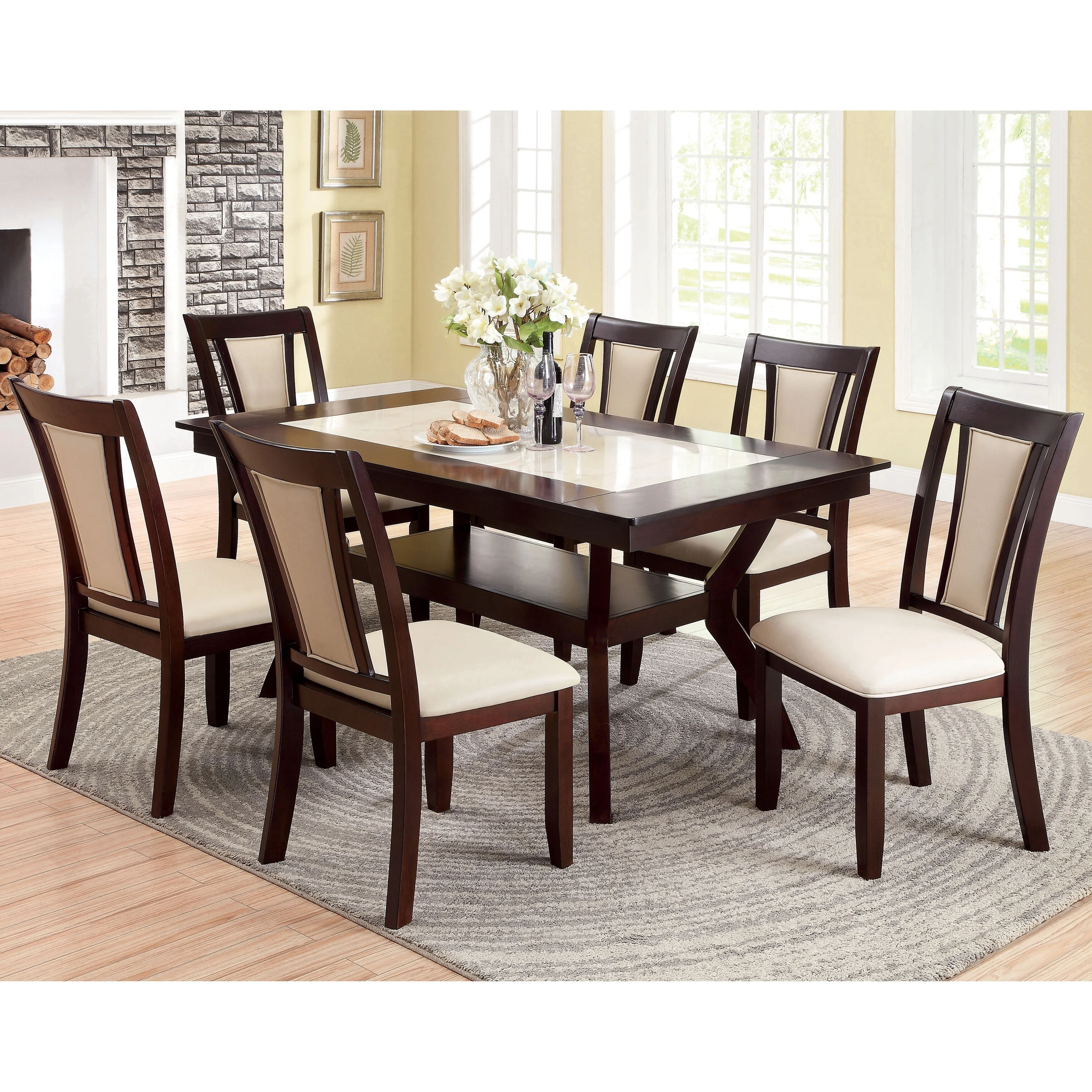 Furniture of America Uria Transitional Cherry Wood 7-Piece Dining Set by