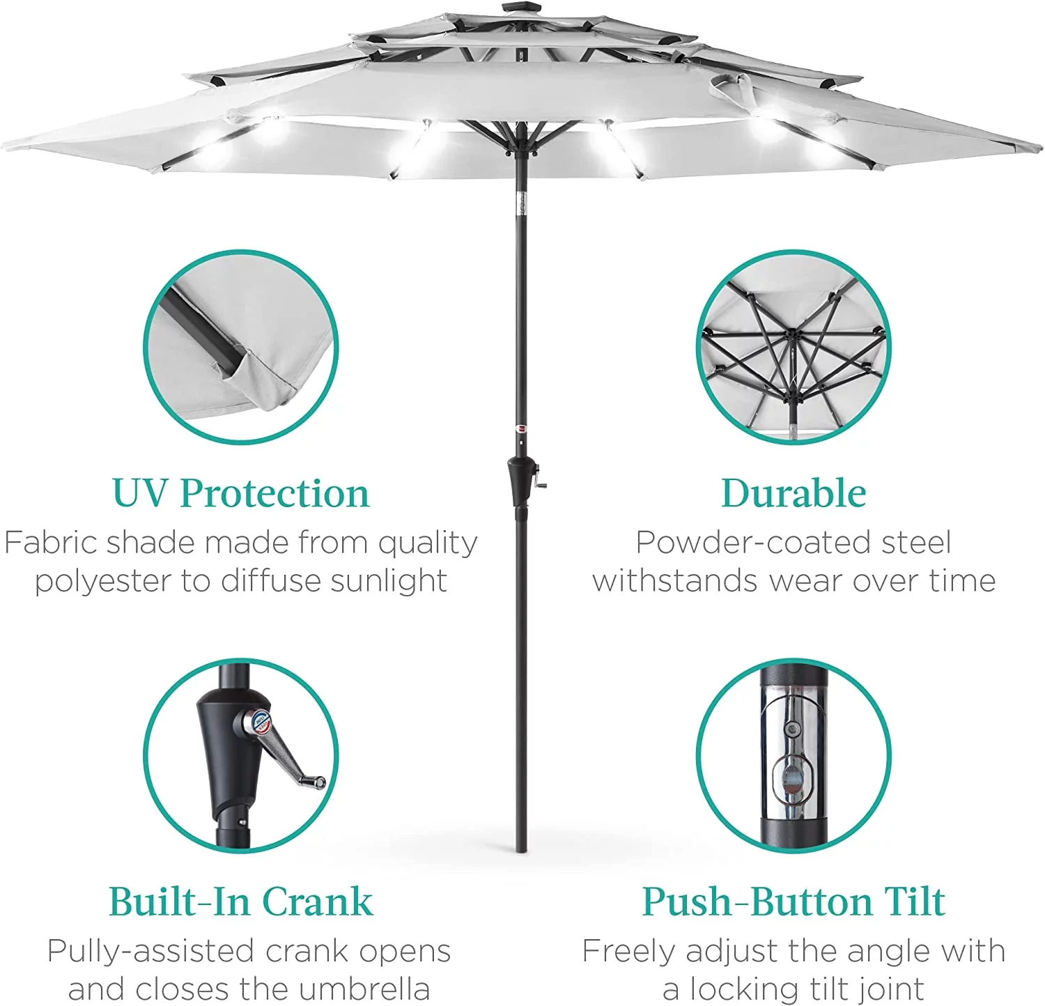 10ft 3-Tier Solar Patio Umbrella - LED Lights, Tilt Adjustment, 8 Ribs, Fog Gray